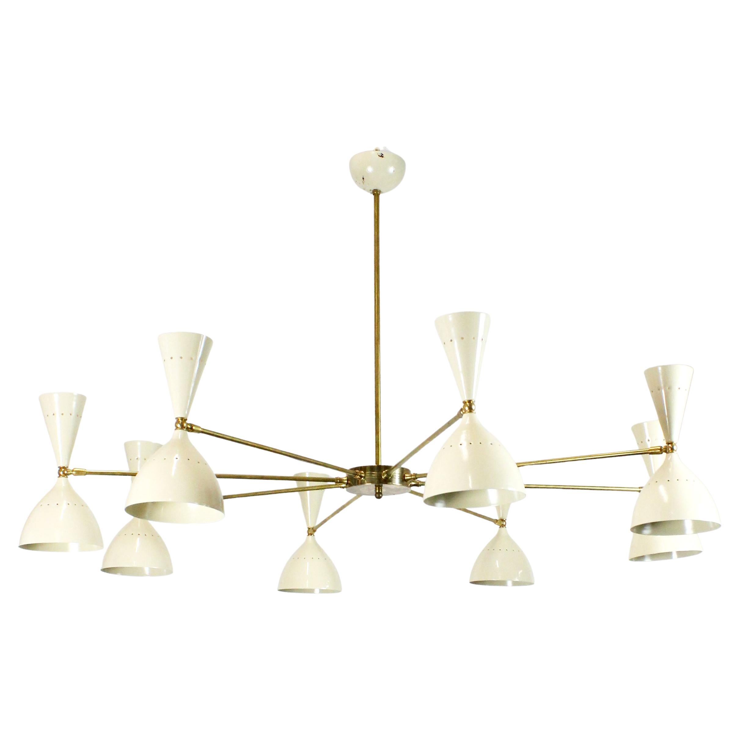 8-arm ceiling lamp, ivory enamel and gold brass, Italian Atr. Silvio Piattelli