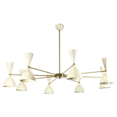 8-arm ceiling lamp, ivory enamel and gold brass, Italian Atr. Silvio Piattelli