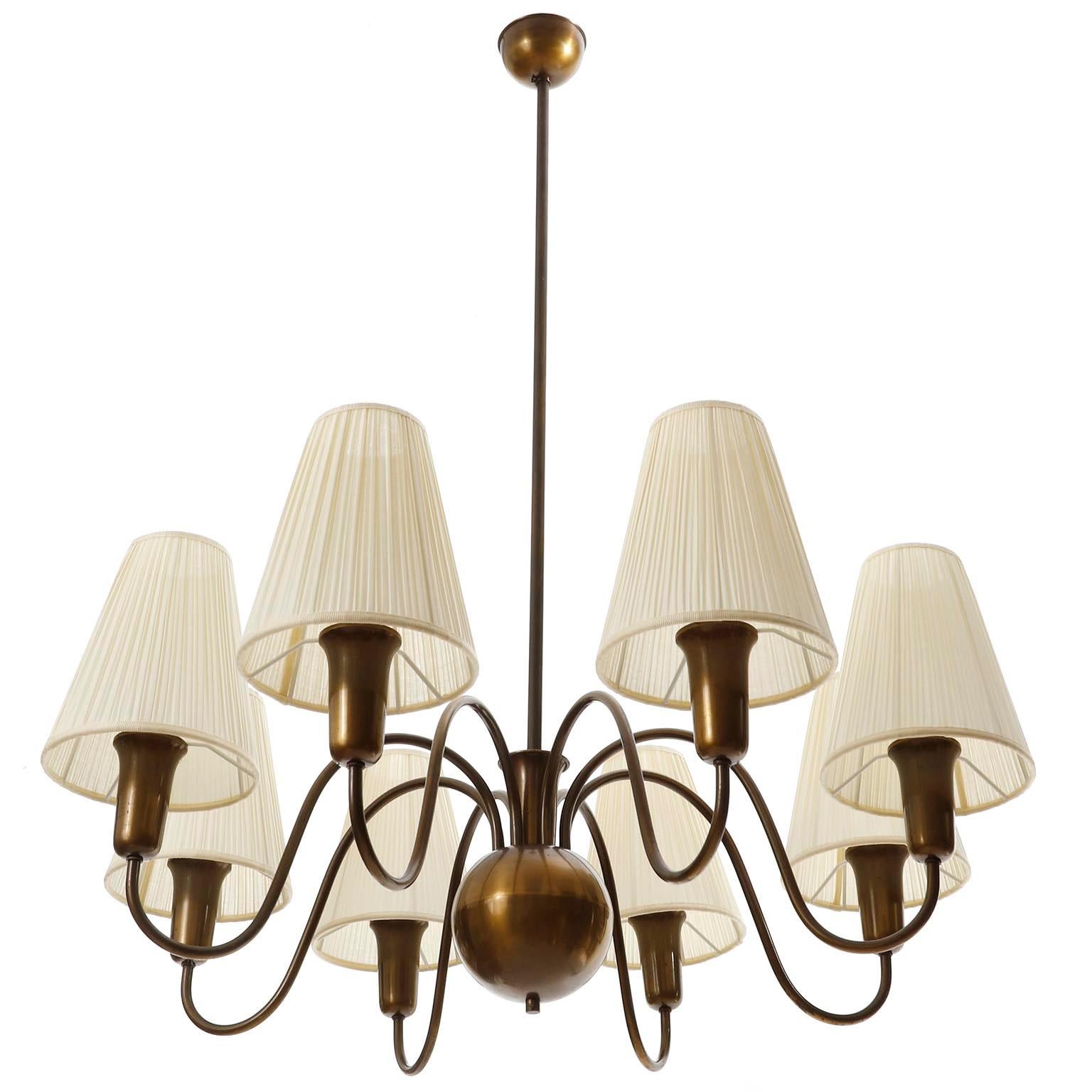 8-Arm Chandelier Pendant Light Patinated Brass Bronze Cream Fabric Shades, 1950s 4
