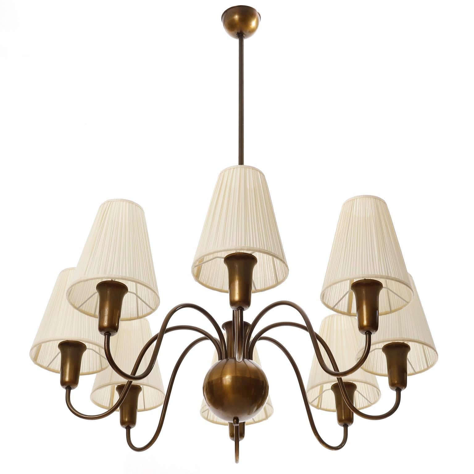 8-Arm Chandelier Pendant Light Patinated Brass Bronze Cream Fabric Shades, 1950s 5