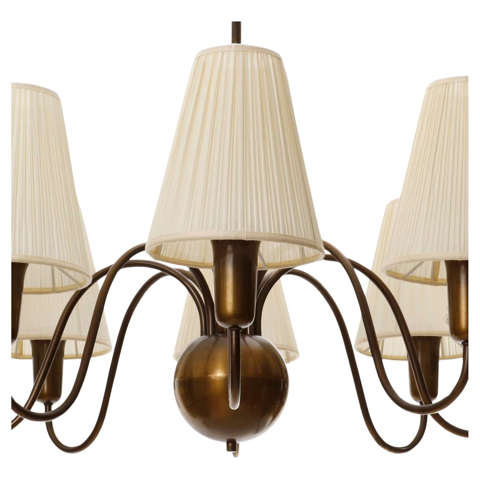 8-Arm Chandelier Pendant Light Patinated Brass Bronze Cream Fabric Shades, 1950s 6