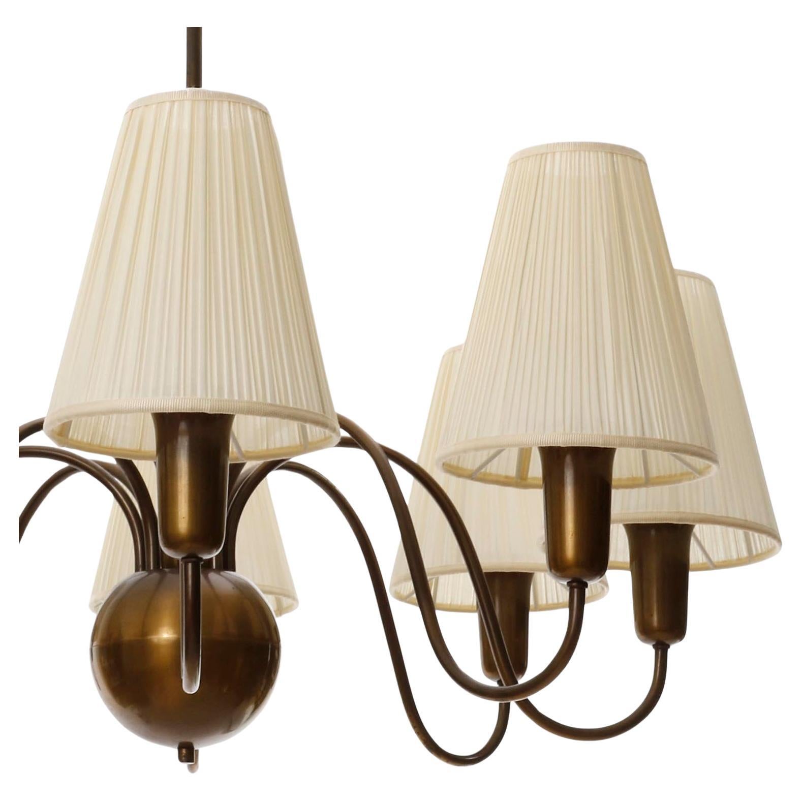 8-Arm Chandelier Pendant Light Patinated Brass Bronze Cream Fabric Shades, 1950s 7