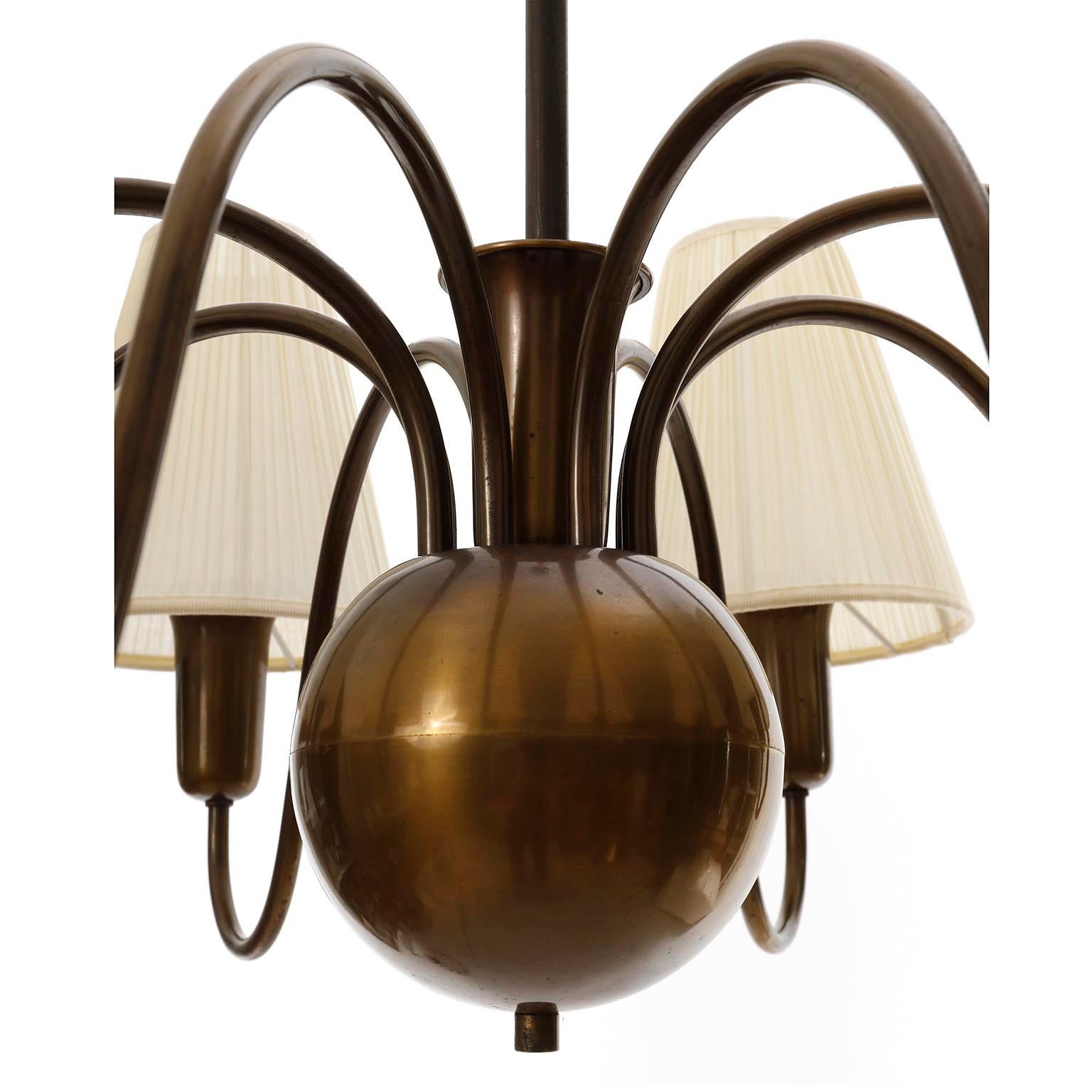 8-Arm Chandelier Pendant Light Patinated Brass Bronze Cream Fabric Shades, 1950s 8