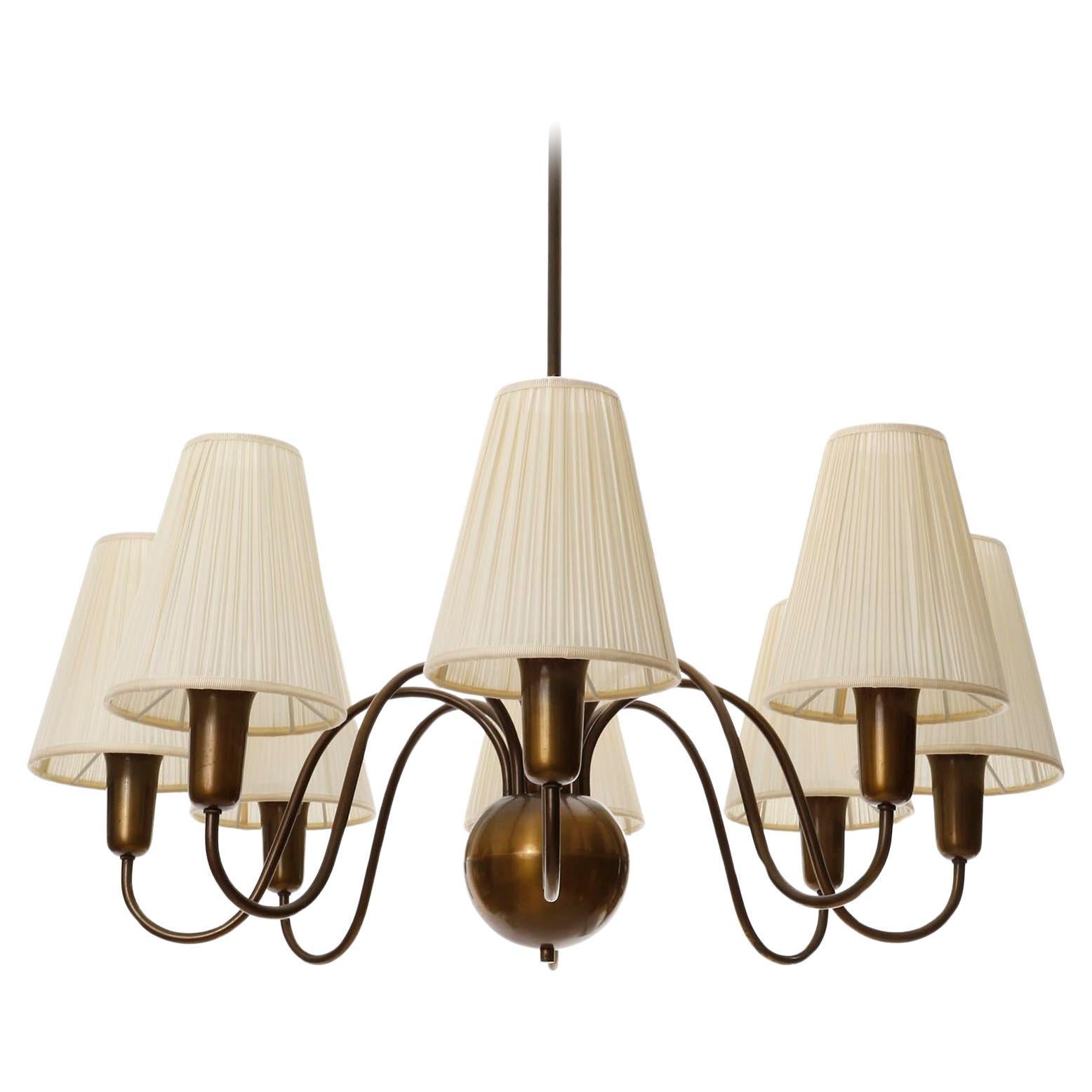 Art Deco 8-Arm Chandelier Pendant Light Patinated Brass Bronze Cream Fabric Shades, 1950s