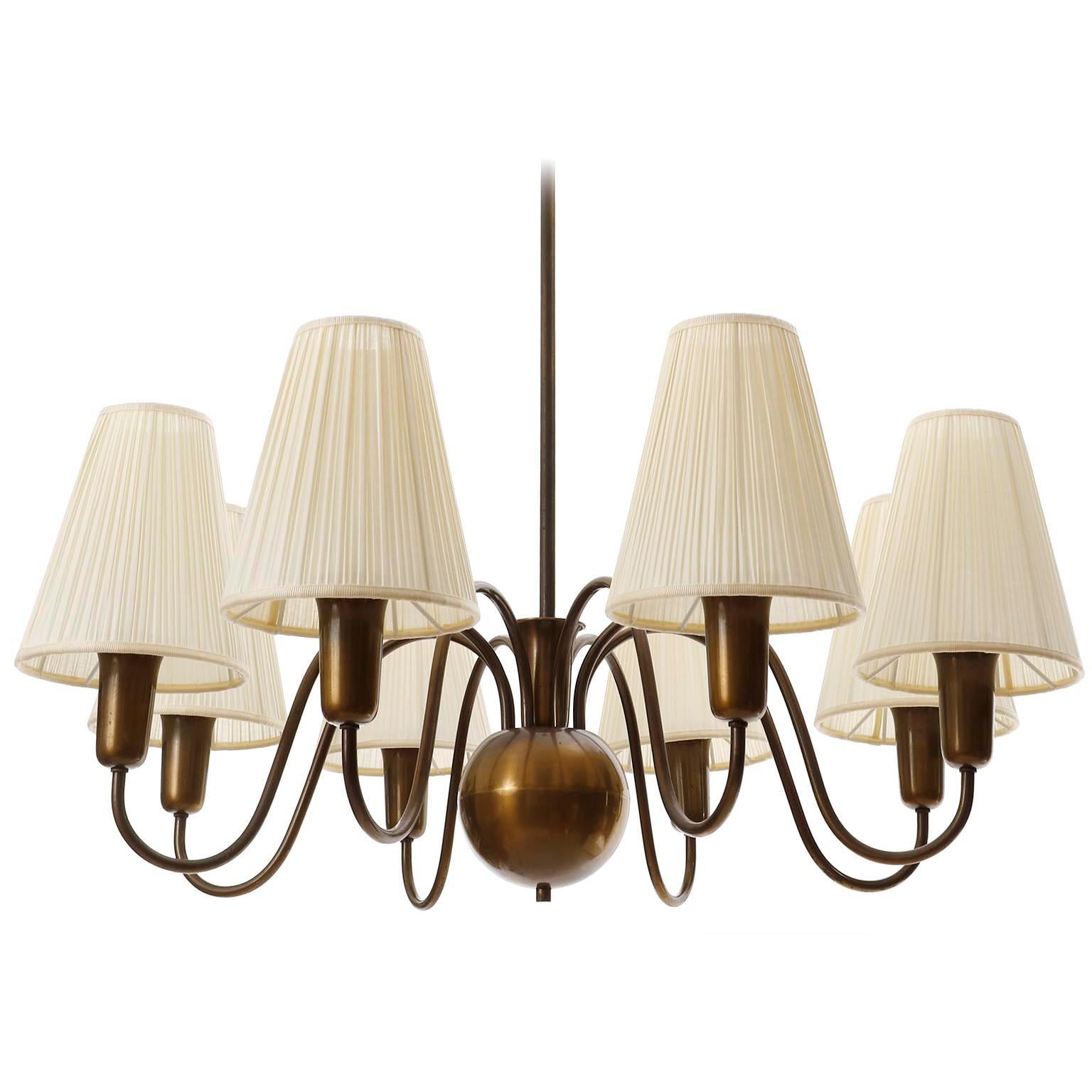 Austrian 8-Arm Chandelier Pendant Light Patinated Brass Bronze Cream Fabric Shades, 1950s