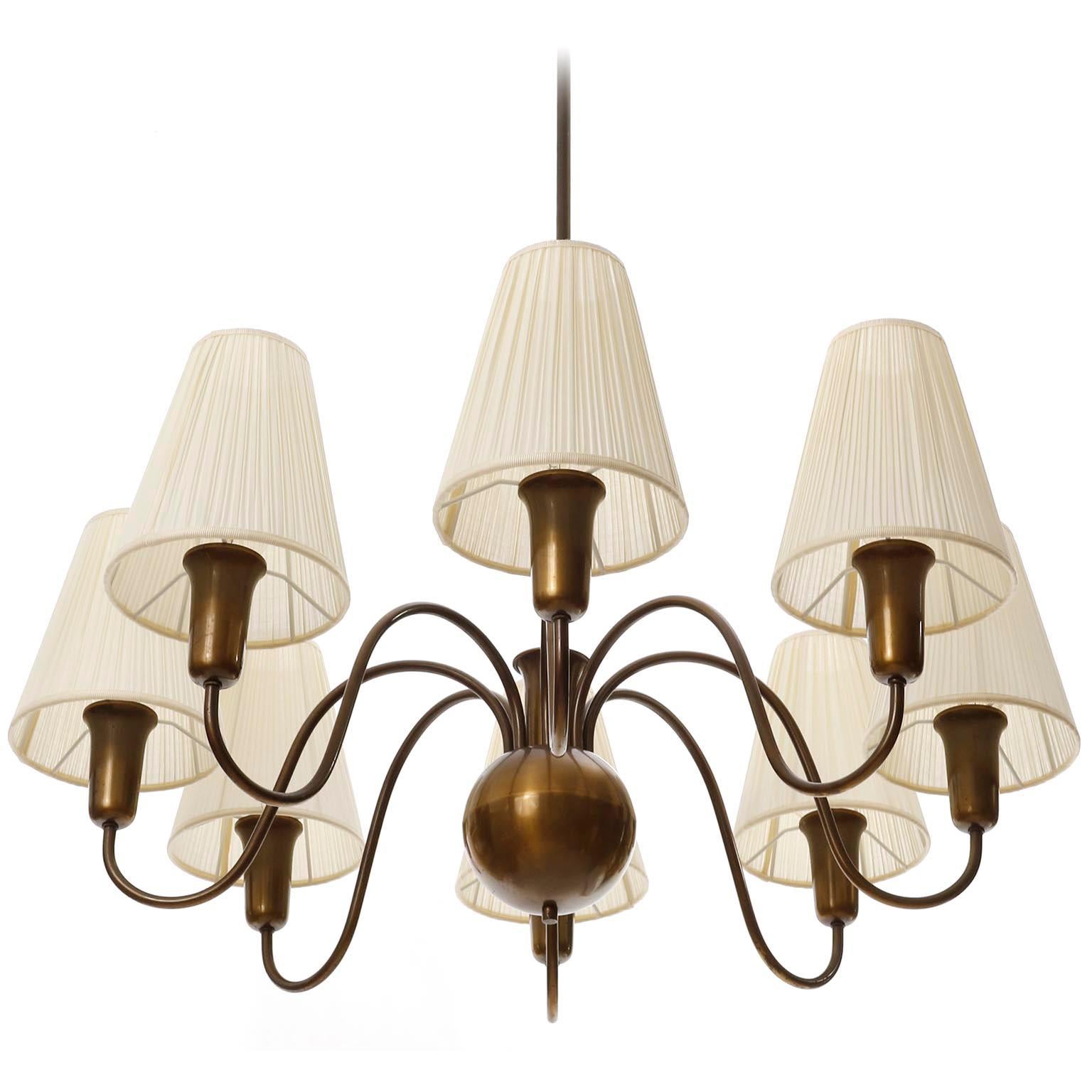 Mid-20th Century 8-Arm Chandelier Pendant Light Patinated Brass Bronze Cream Fabric Shades, 1950s