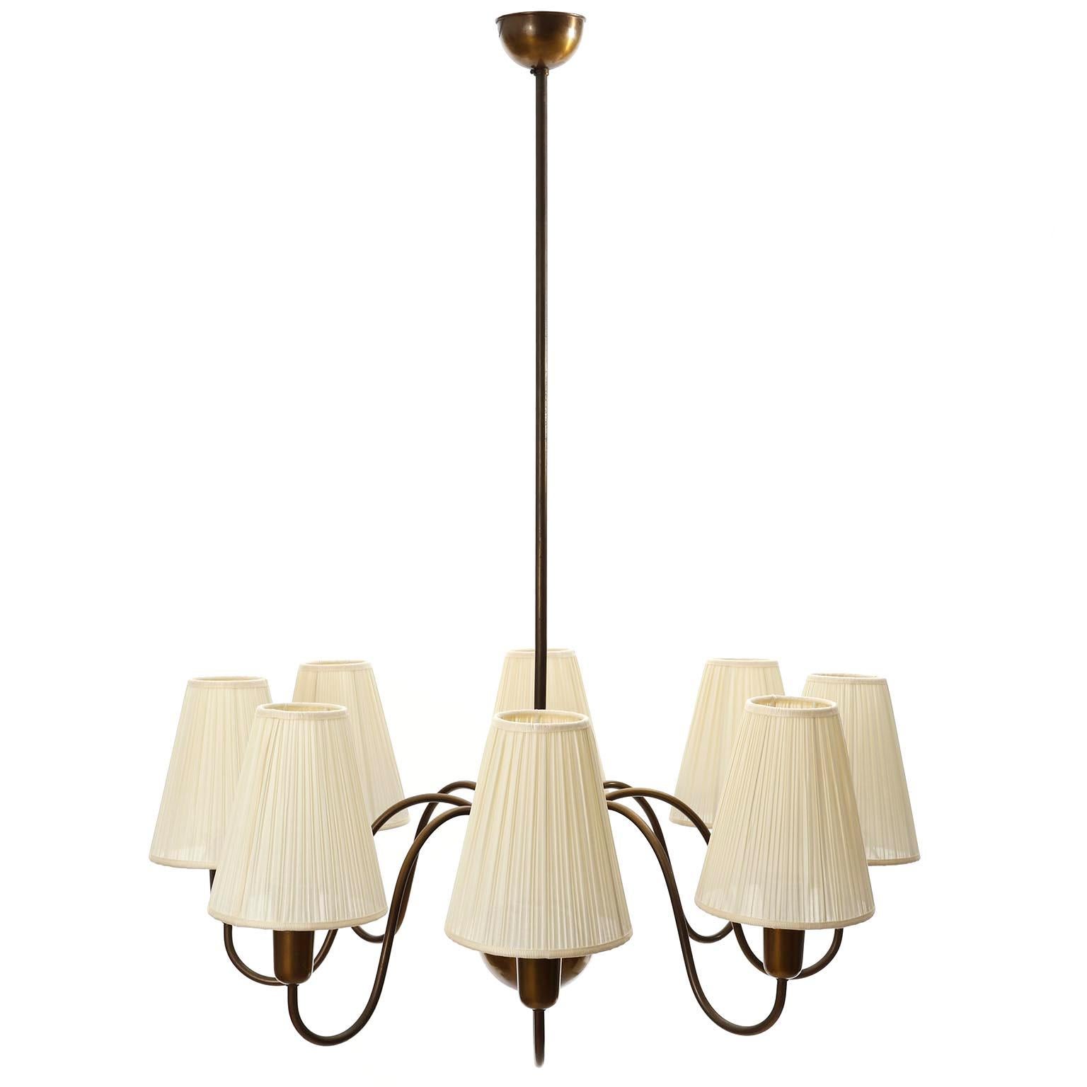 8-Arm Chandelier Pendant Light Patinated Brass Bronze Cream Fabric Shades, 1950s 1
