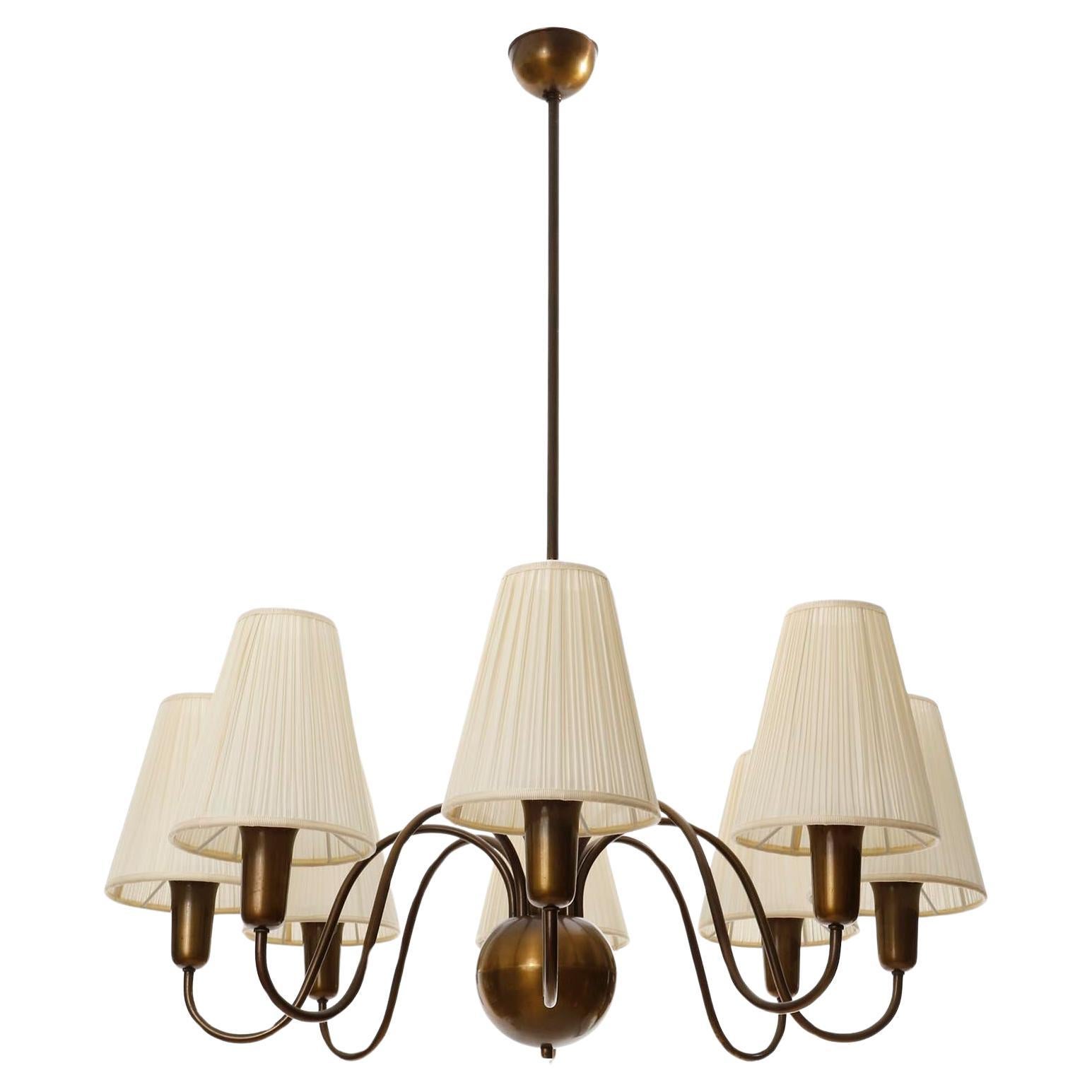 8-Arm Chandelier Pendant Light Patinated Brass Bronze Cream Fabric Shades, 1950s 2