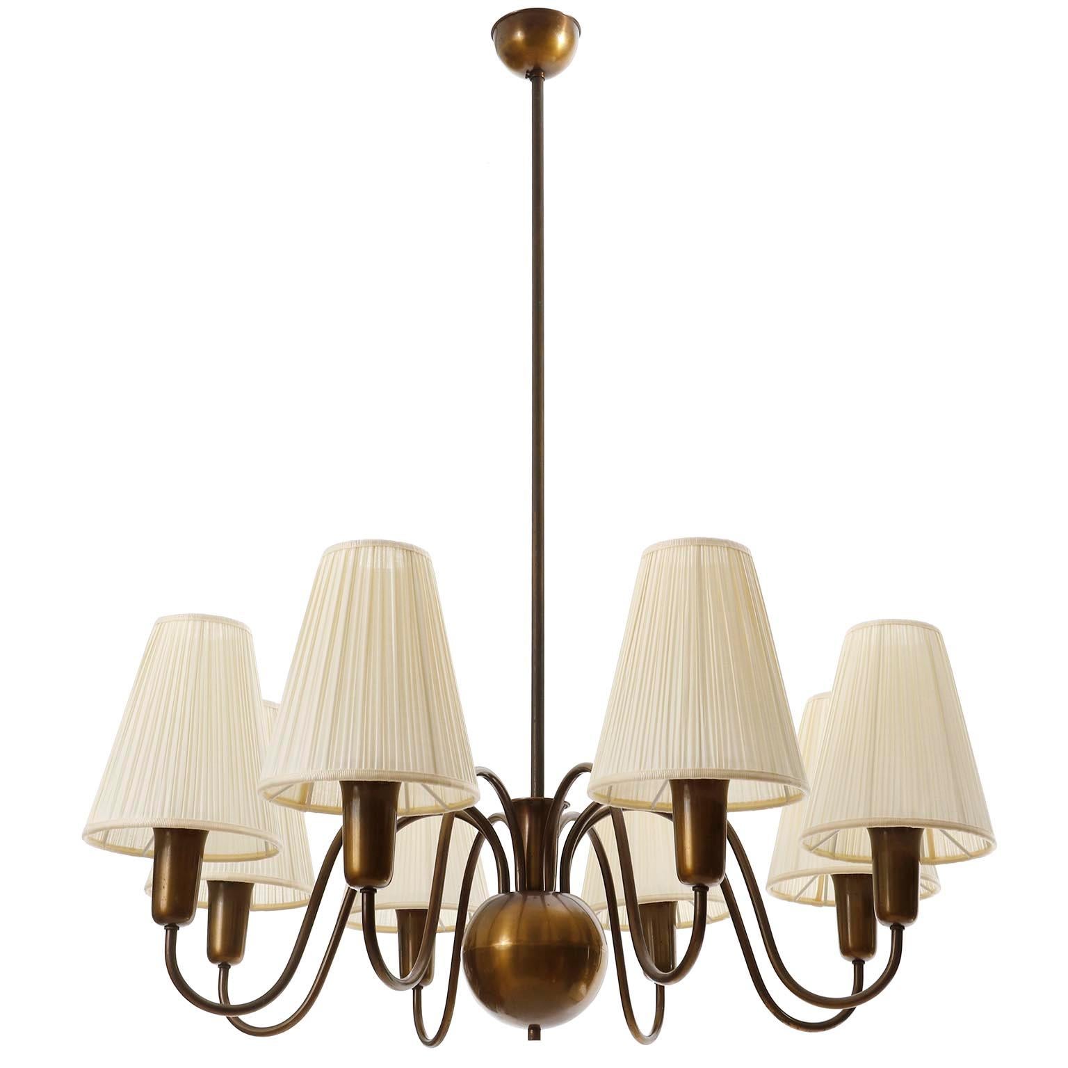 8-Arm Chandelier Pendant Light Patinated Brass Bronze Cream Fabric Shades, 1950s 3