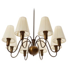 8-Arm Chandelier Pendant Light Patinated Brass Bronze Cream Fabric Shades, 1950s