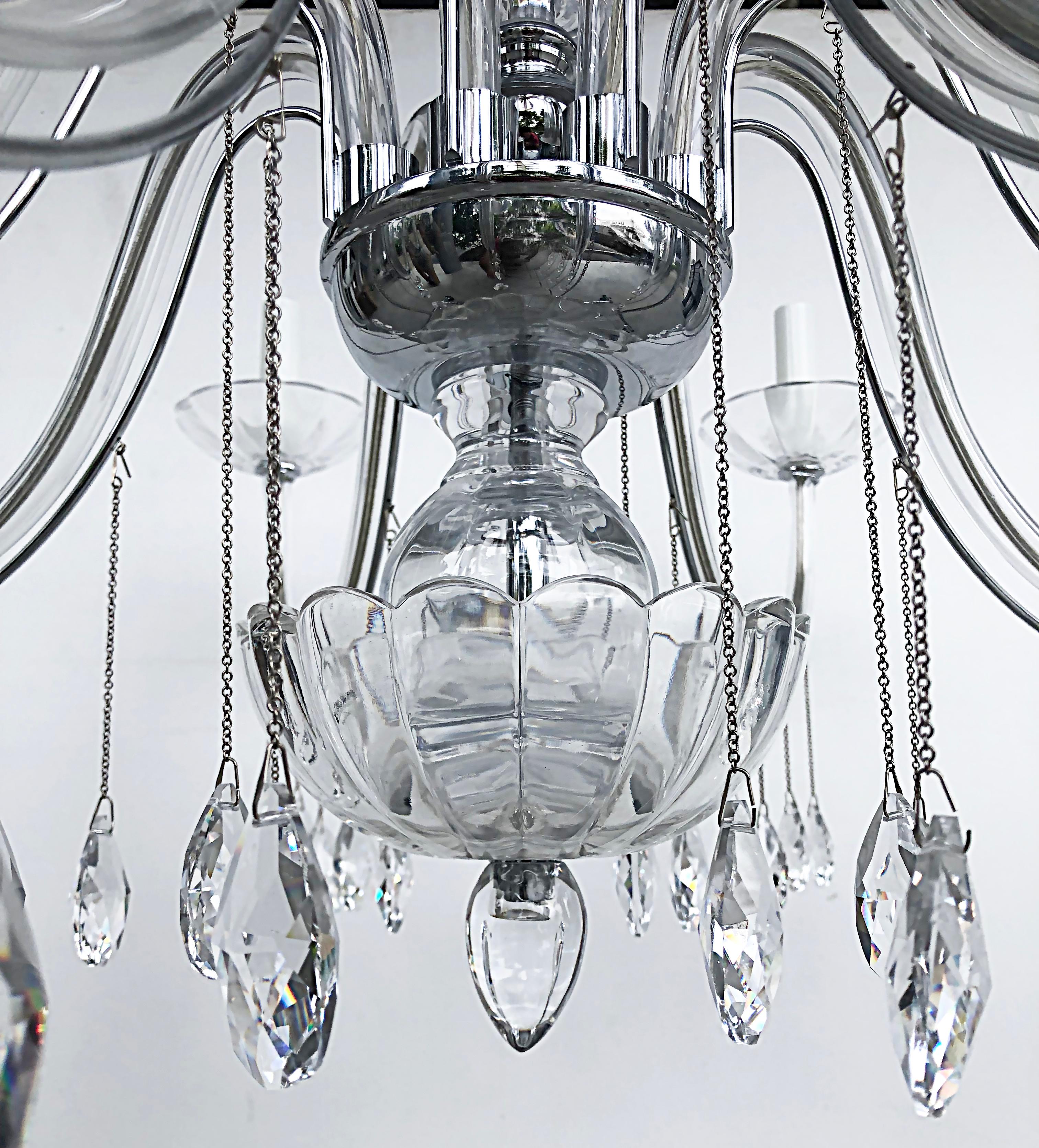 Contemporary 8-Arm Chandelier with Crystal Glass Drops, Chain and Canopy, Wired & Working For Sale