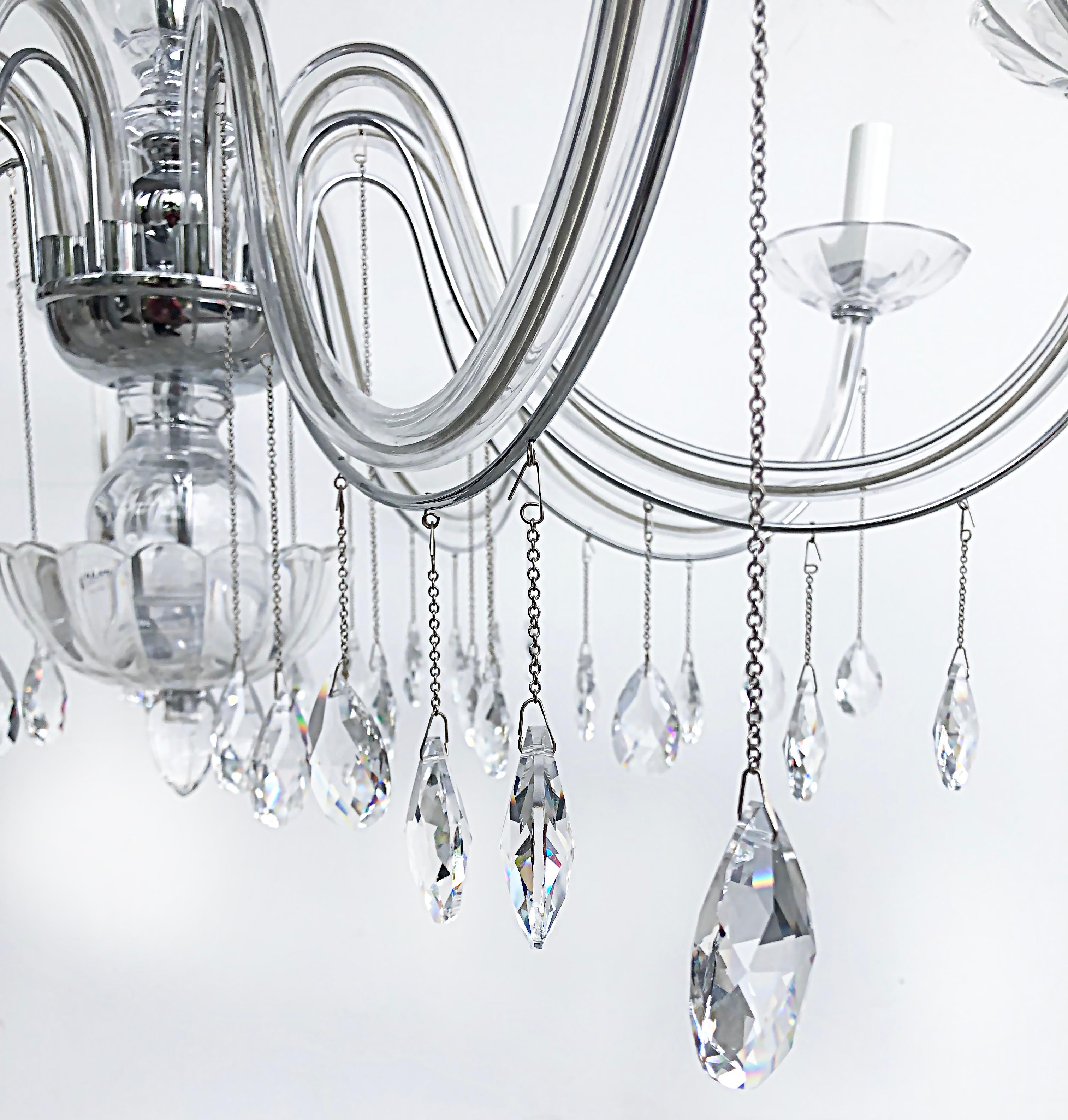 Metal 8-Arm Chandelier with Crystal Glass Drops, Chain and Canopy, Wired & Working For Sale