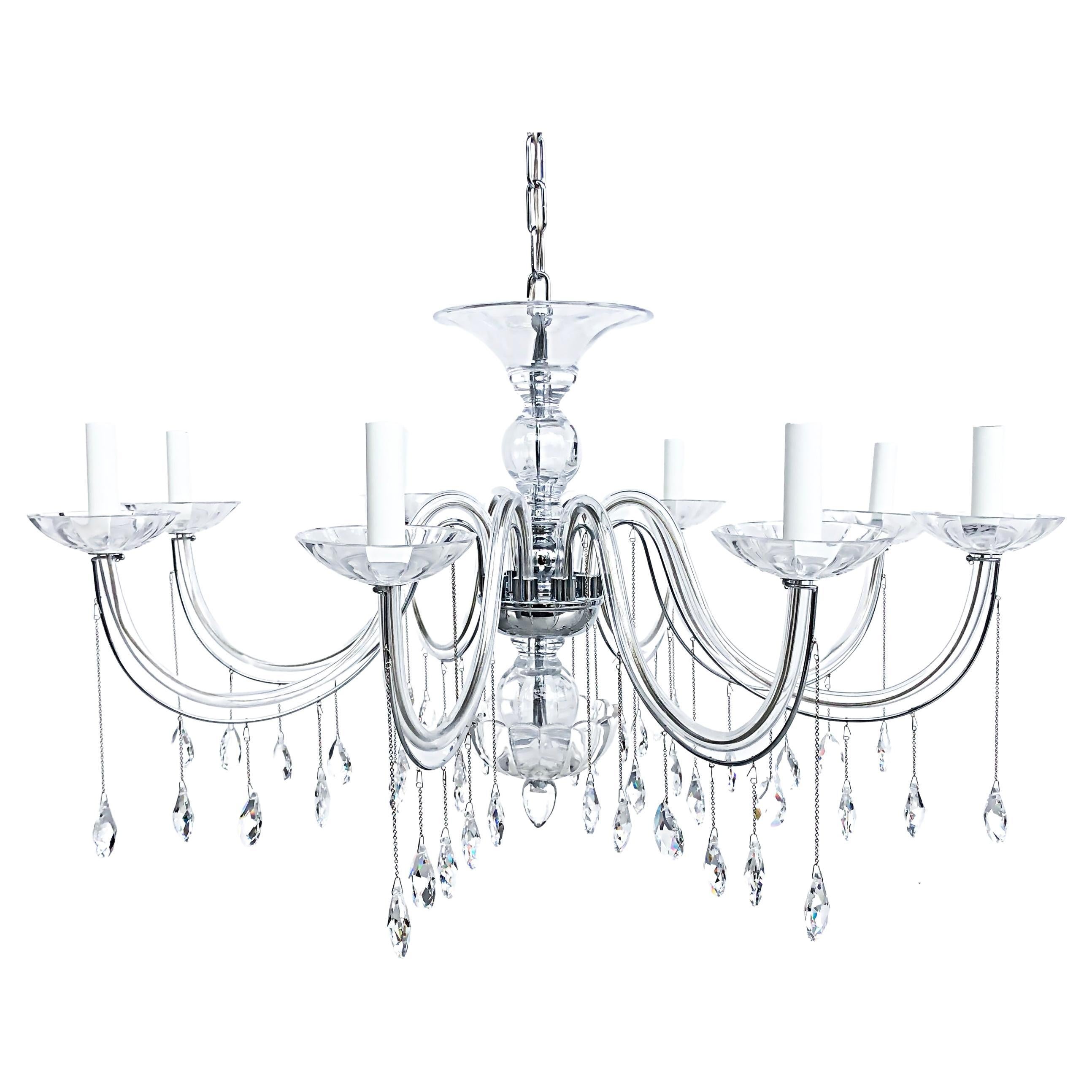 8-Arm Chandelier with Crystal Glass Drops, Chain and Canopy, Wired & Working For Sale
