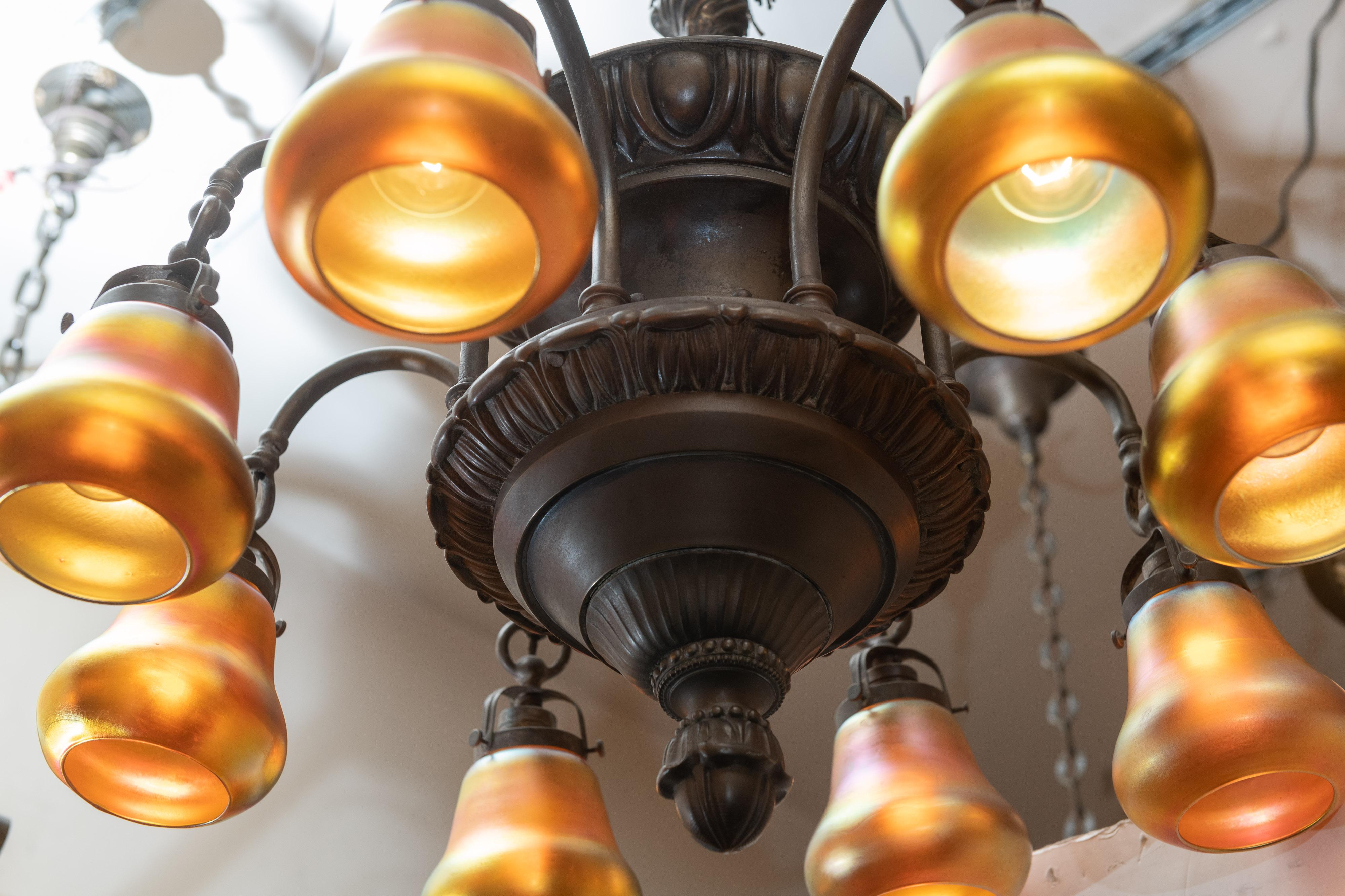 8-Arm Edwardian Chandelier in Bronze with 8 Steuben Art Glass Shades, circa 1910 In Good Condition In Petaluma, CA