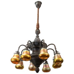 8-Arm Edwardian Chandelier in Bronze with 8 Steuben Art Glass Shades, circa 1910