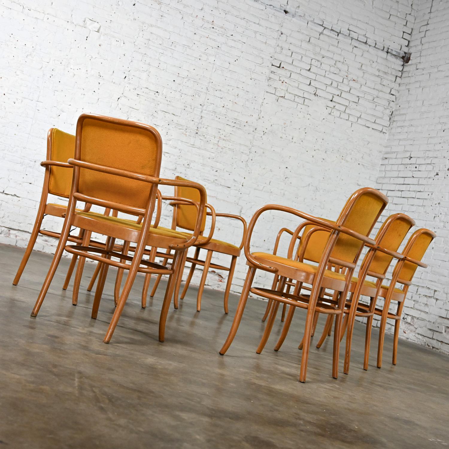 8 gebogene Bauhaus-Esszimmerstühle aus Buche und Bugholz J Hoffman Prag 811 im Stil Thonet im Zustand „Gut“ im Angebot in Topeka, KS