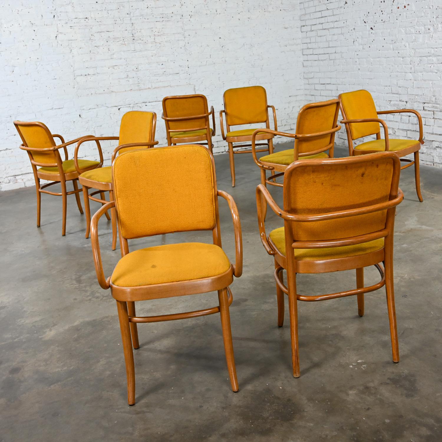 Tissu 8 chaises de salle à manger Bauhaus en hêtre courbé J Hoffman Prague 811 style Thonet en vente