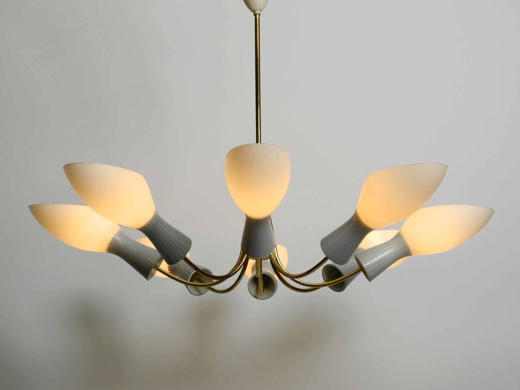 Mid-Century Modern 8-Armed Extra Large Midcentury Brass Chandelier with Diabolo Opal Glass Shades