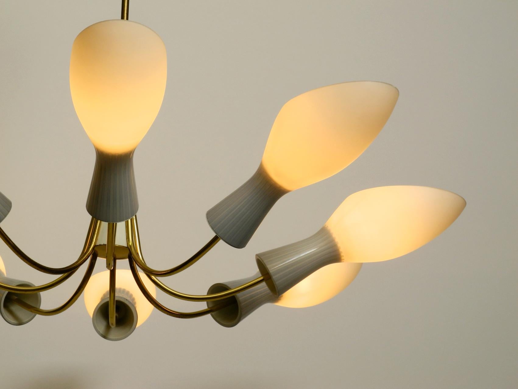 8-Armed Extra Large Midcentury Brass Chandelier with Diabolo Opal Glass Shades In Fair Condition In München, DE
