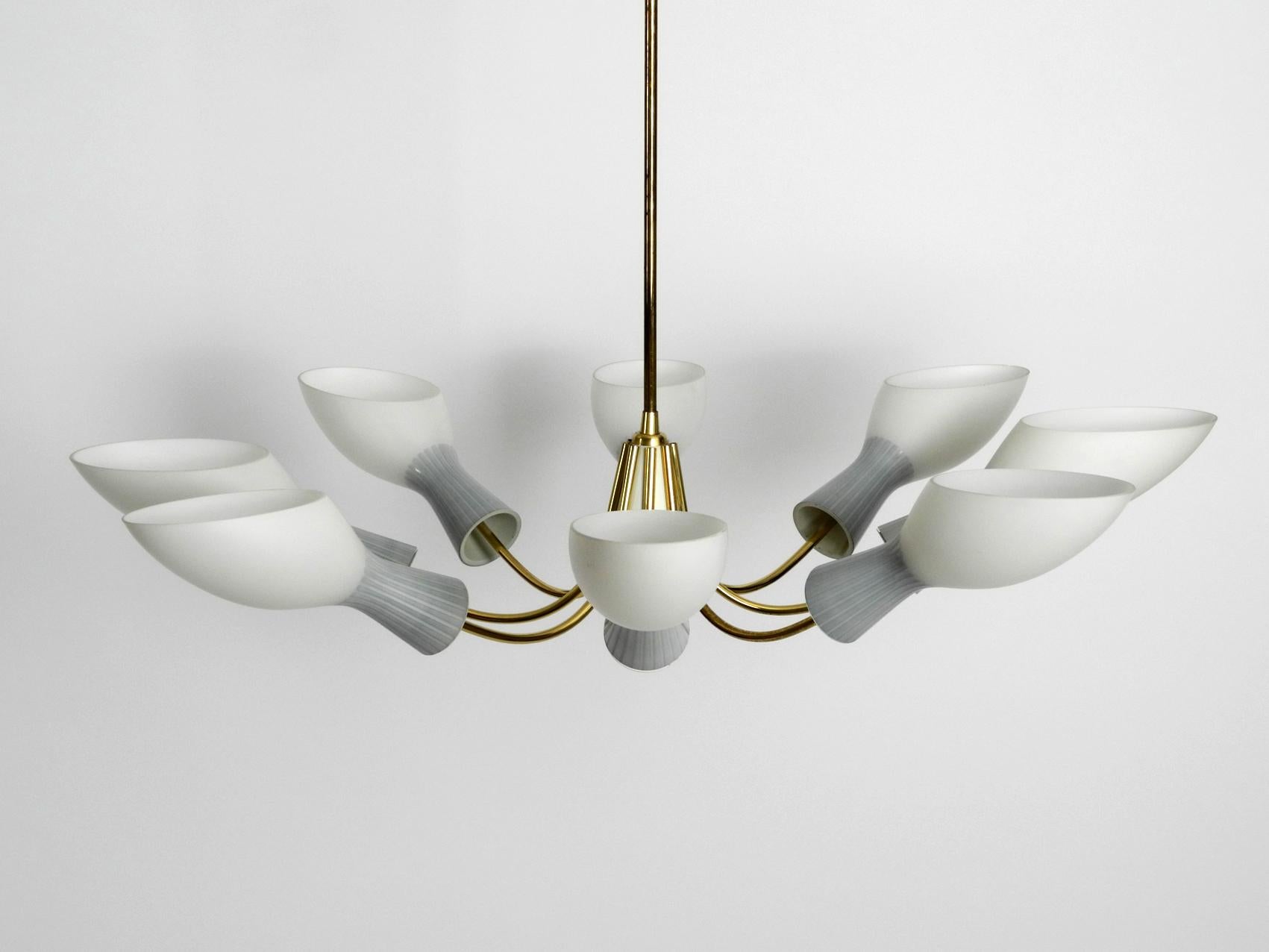 Mid-20th Century 8-Armed Extra Large Midcentury Brass Chandelier with Diabolo Opal Glass Shades