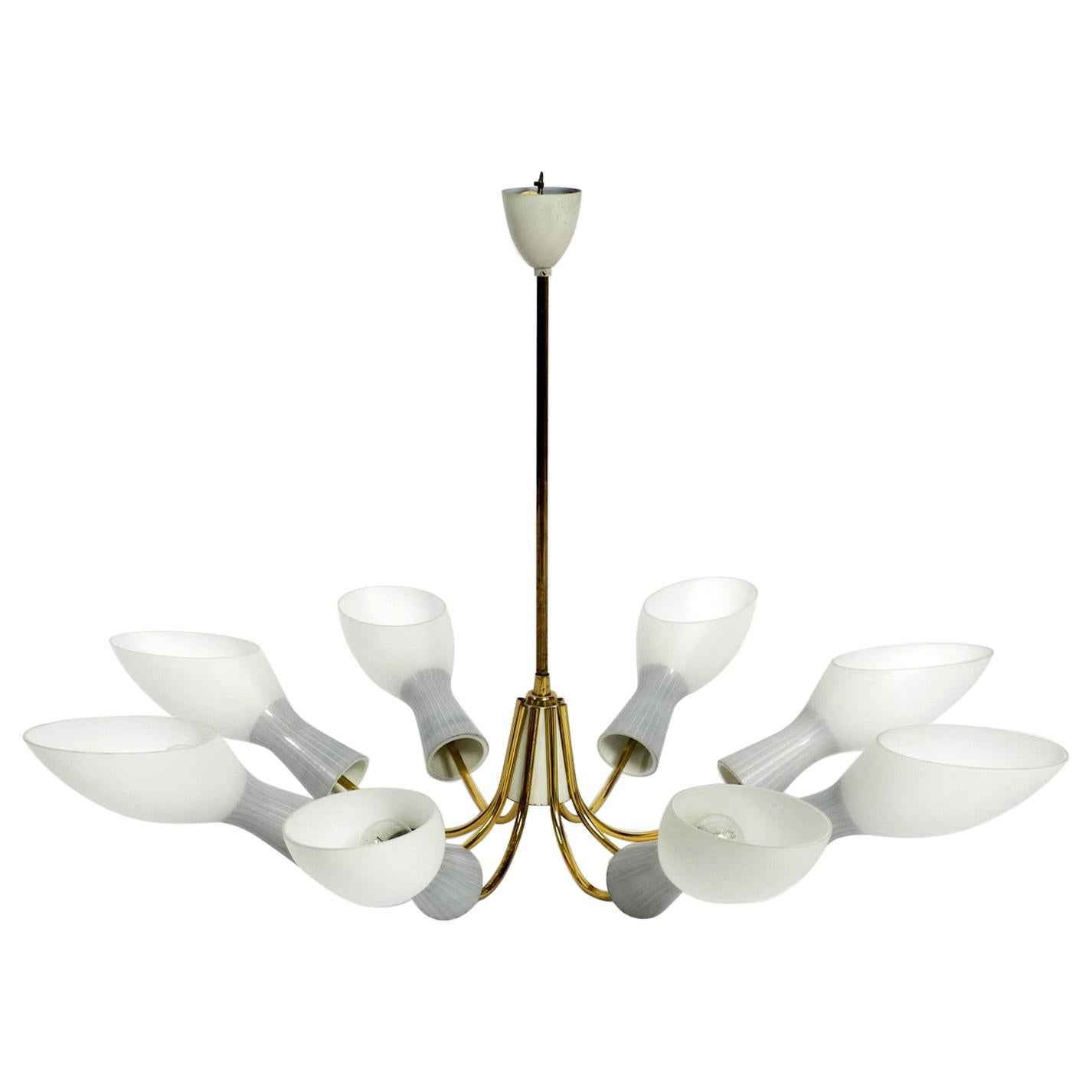 8-Armed Extra Large Midcentury Brass Chandelier with Diabolo Opal Glass Shades