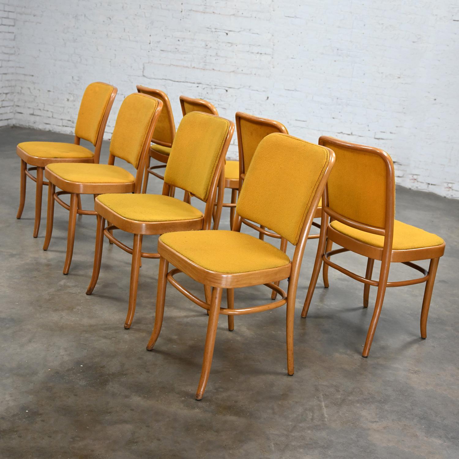 Merveilleuses chaises de salle à manger sans accoudoirs en hêtre courbé de style Thonet Josef Hoffman Prague 811 par Falcon Products Inc, ensemble de 8. Très bon état, en gardant à l'esprit qu'il s'agit de chaises vintage et non pas neuves et