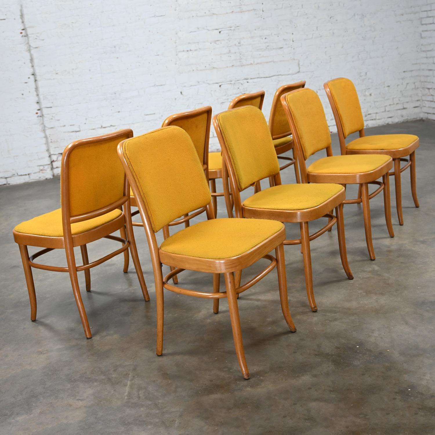 8 Armless Bauhaus Beech Bentwood Hoffman Prague 811 Dining Chairs Style Thonet For Sale 2