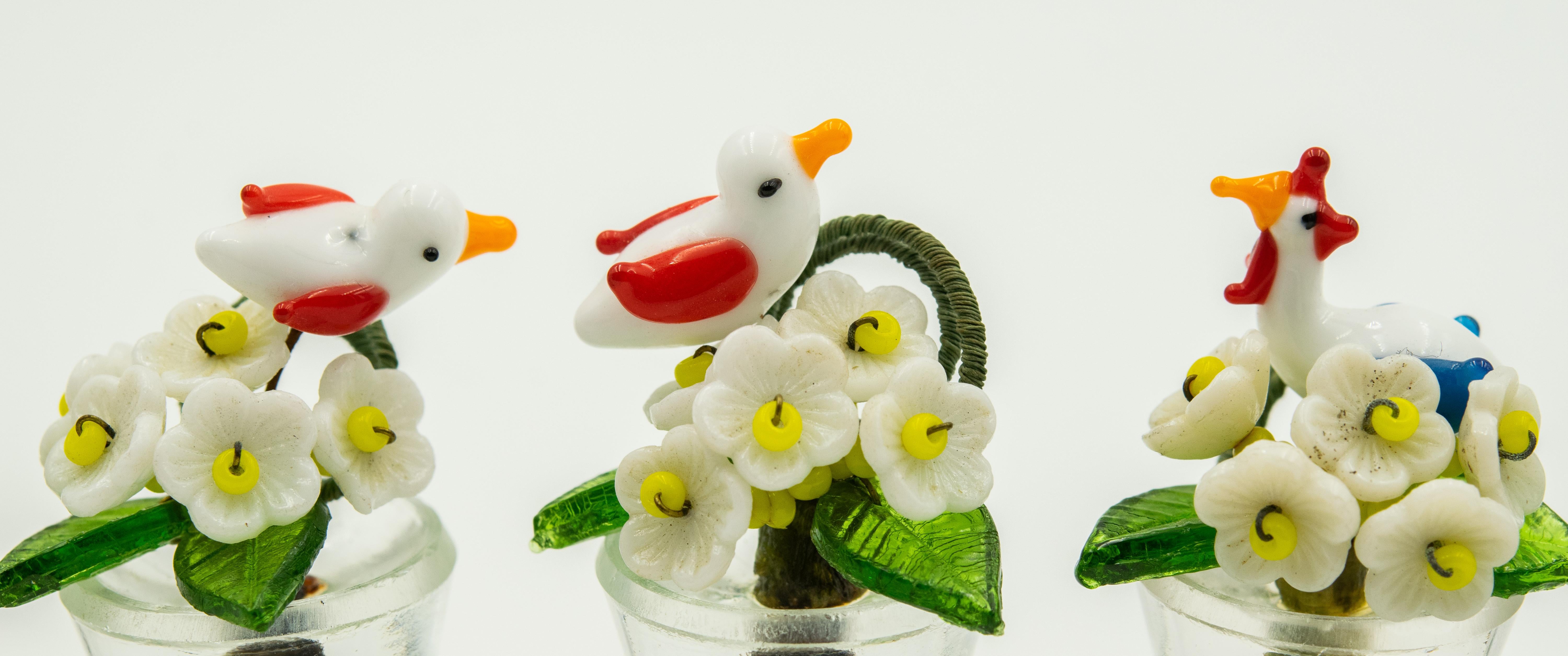 8 Art Deco 1920s Flower and Bird Glass Place Card Holders Czechoslovakia Czech In Fair Condition In Miami Beach, FL