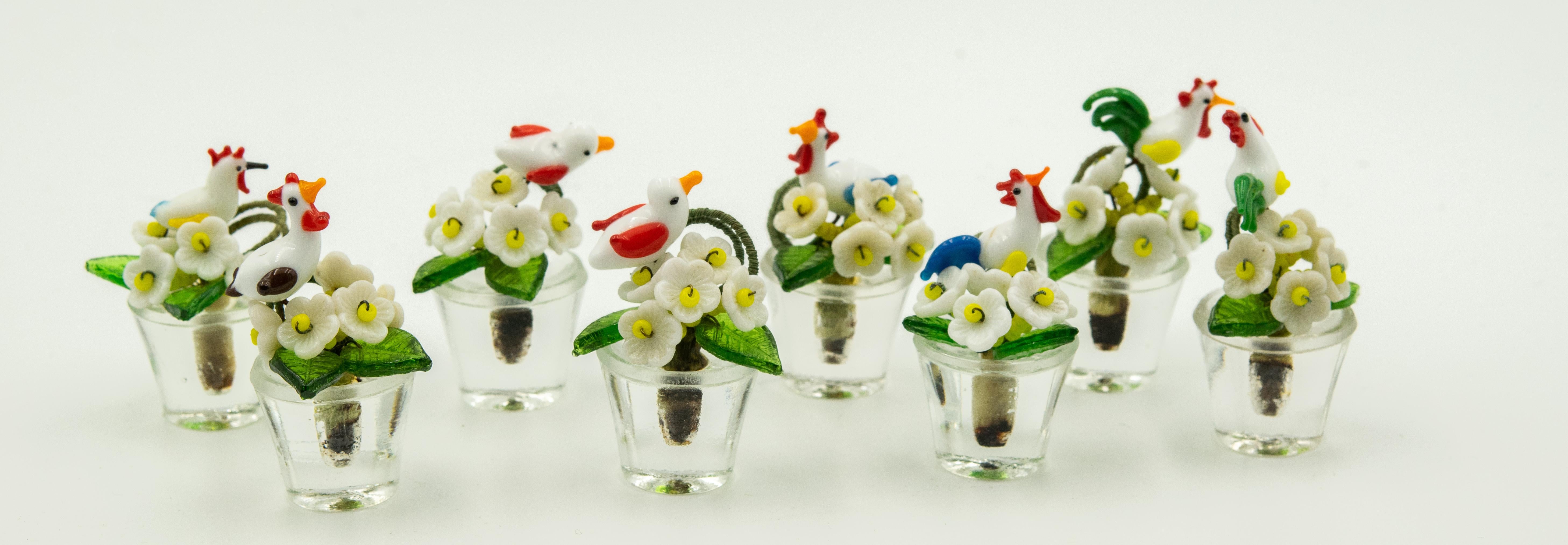 8 Art Deco 1920s Flower and Bird Glass Place Card Holders Czechoslovakia Czech 1