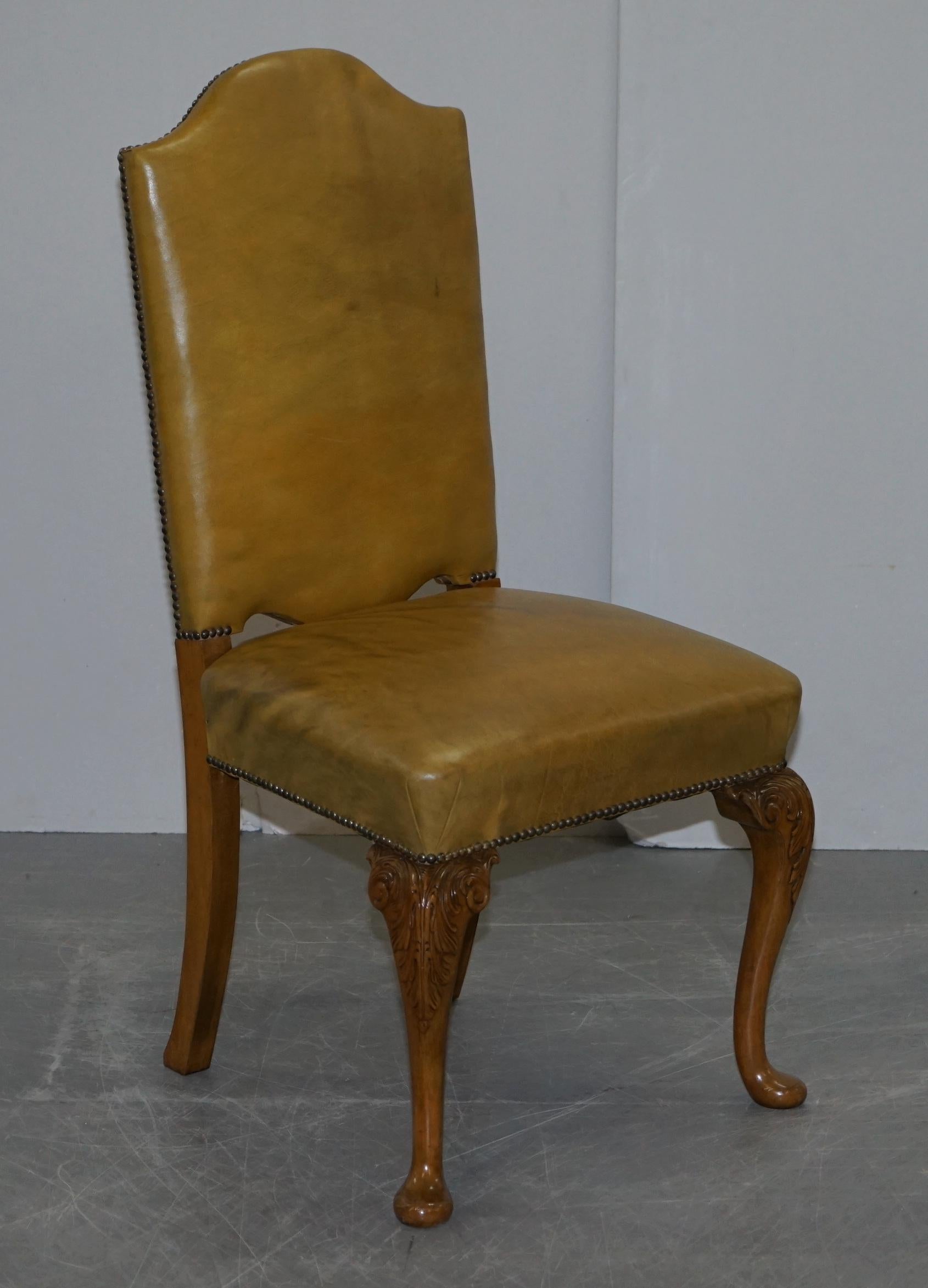8 Art Deco Walnut Hand Carved Leather Denby & Spinks Dining Chairs Part of Suite 5