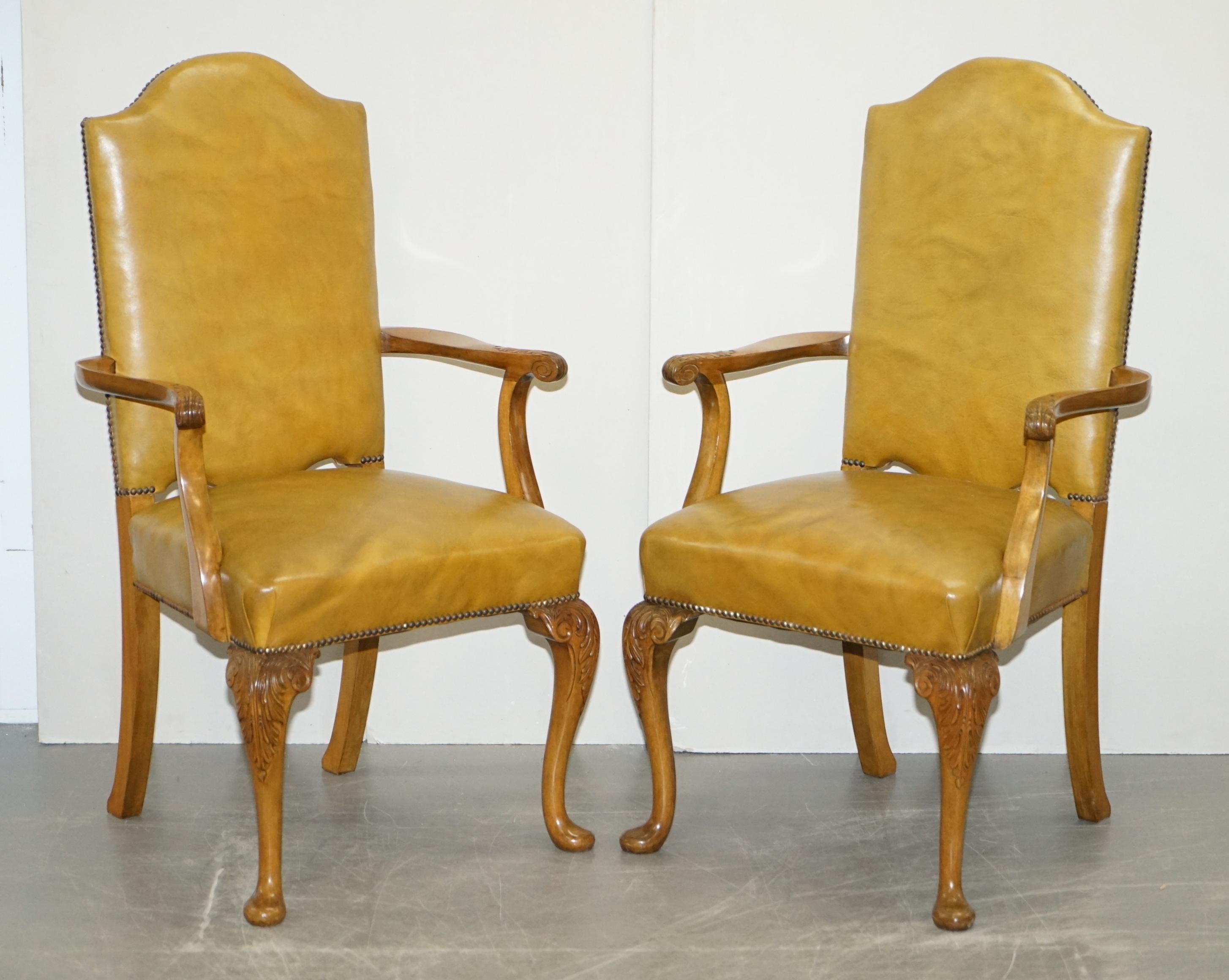 8 Art Deco Walnut Hand Carved Leather Denby & Spinks Dining Chairs Part of Suite 6
