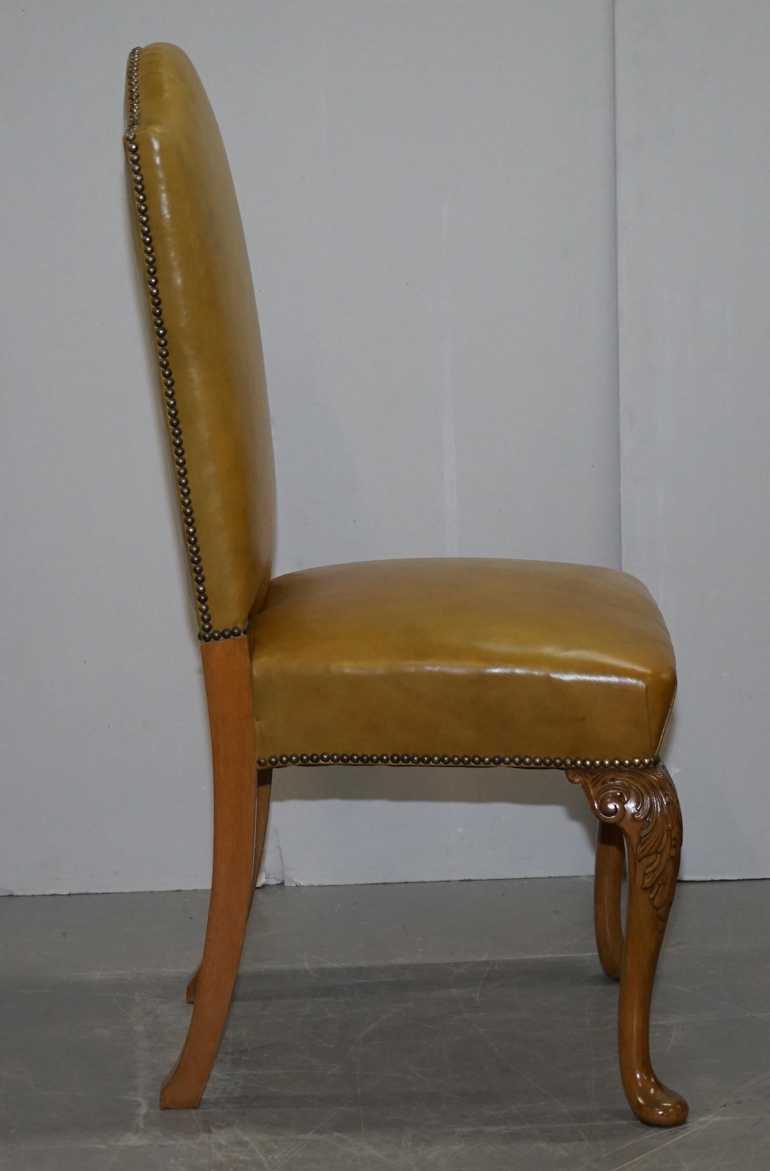 8 Art Deco Walnut Hand Carved Leather Denby & Spinks Dining Chairs Part of Suite 3