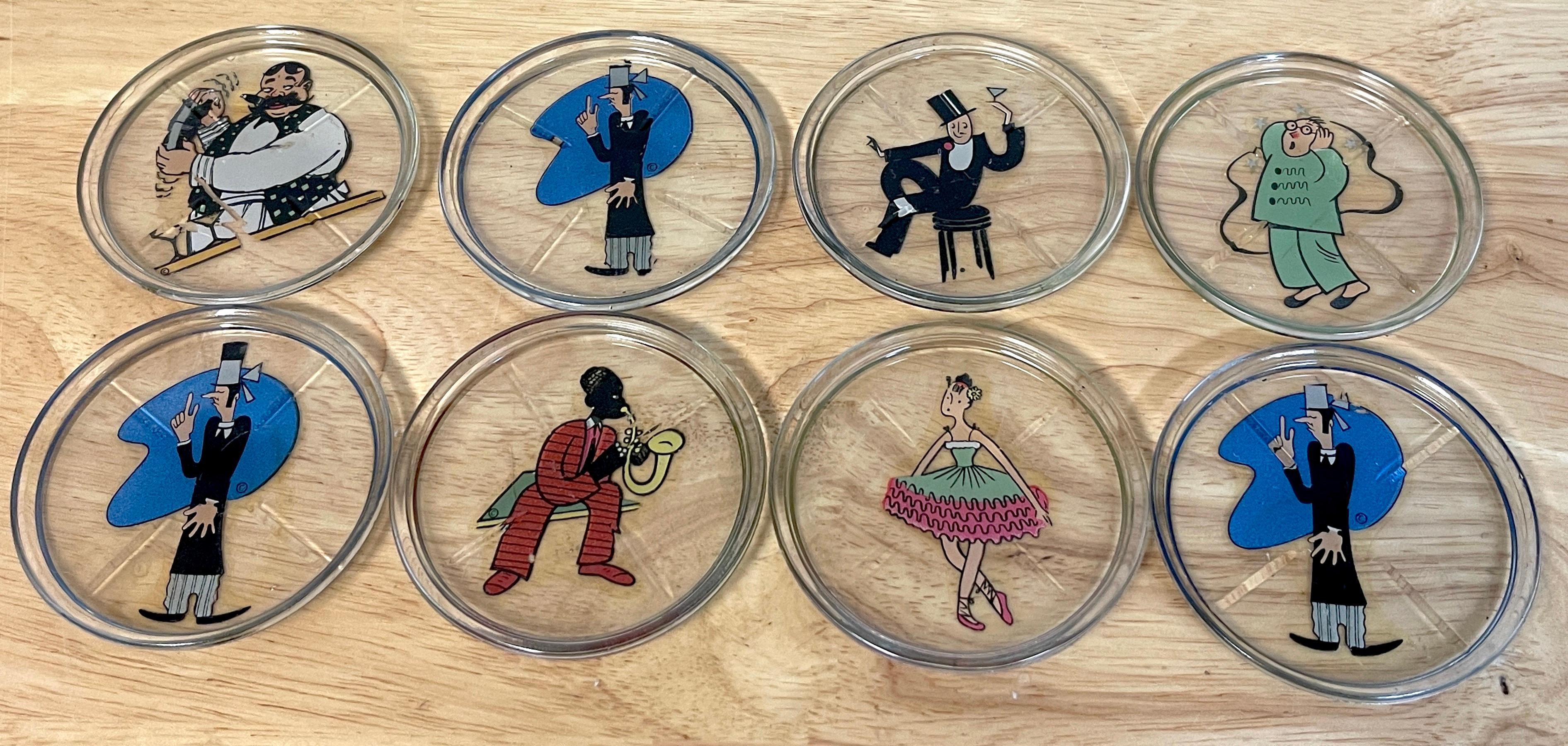 8 Art Deco whimsical caricature glass coasters, each one with a colorful portrait, five different vignettes, one a sleuth style portrait is repeated three times, see the last photo for all the designs. Stackable. 
Each coaster has a 3.25 diameter,