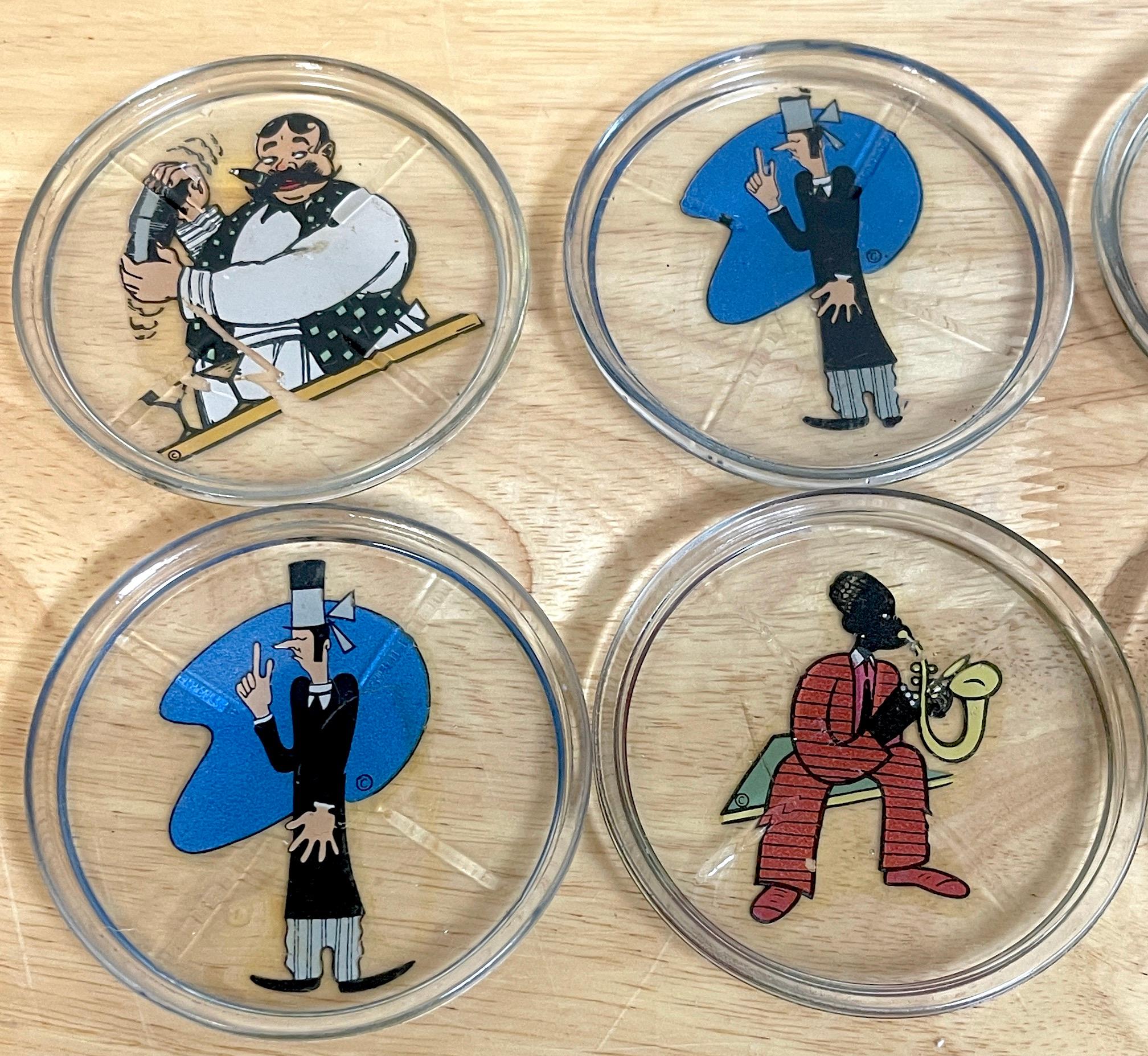 American 8 Art Deco Whimsical Caricature Glass Coasters