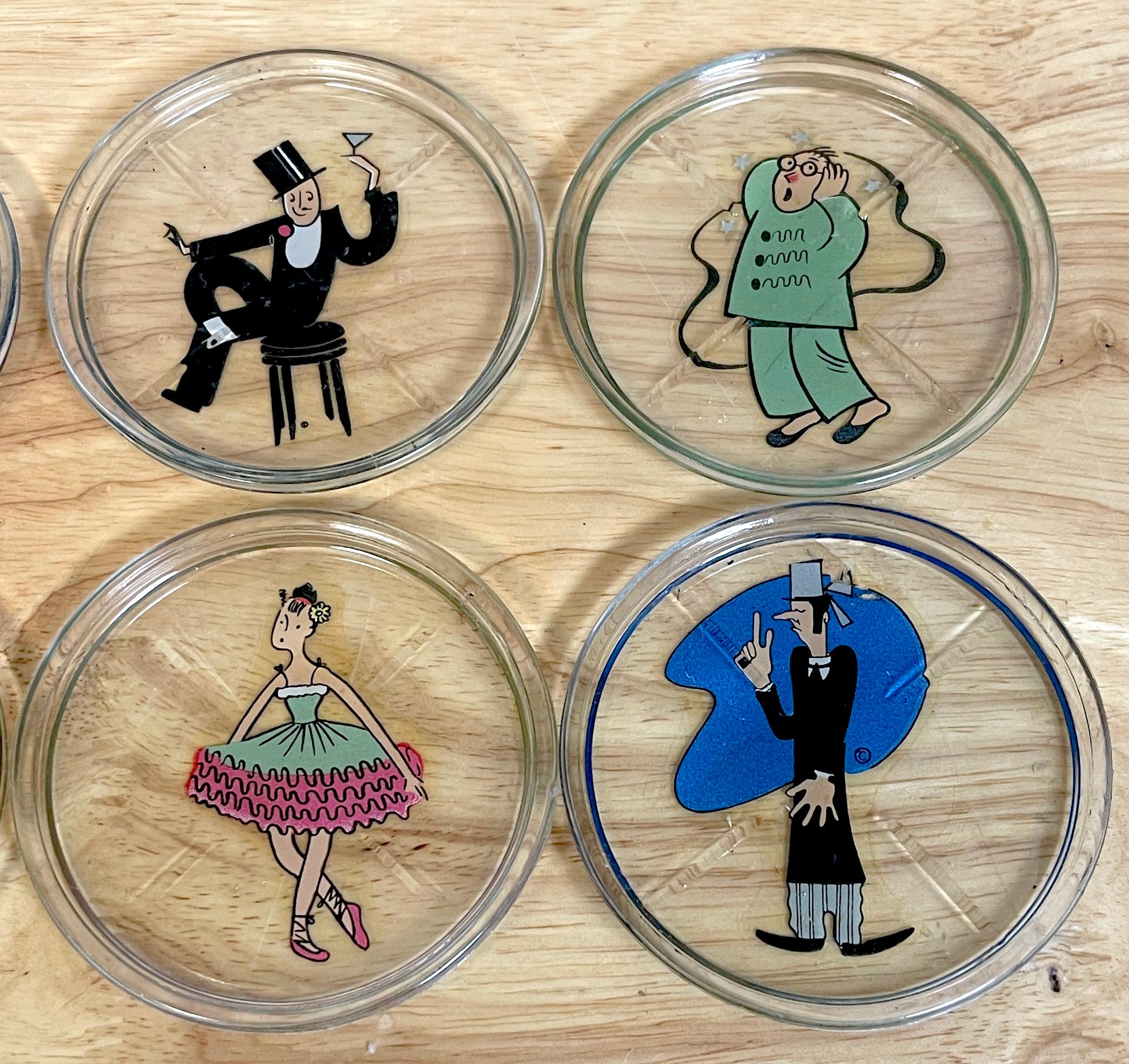 8 Art Deco Whimsical Caricature Glass Coasters In Good Condition In West Palm Beach, FL