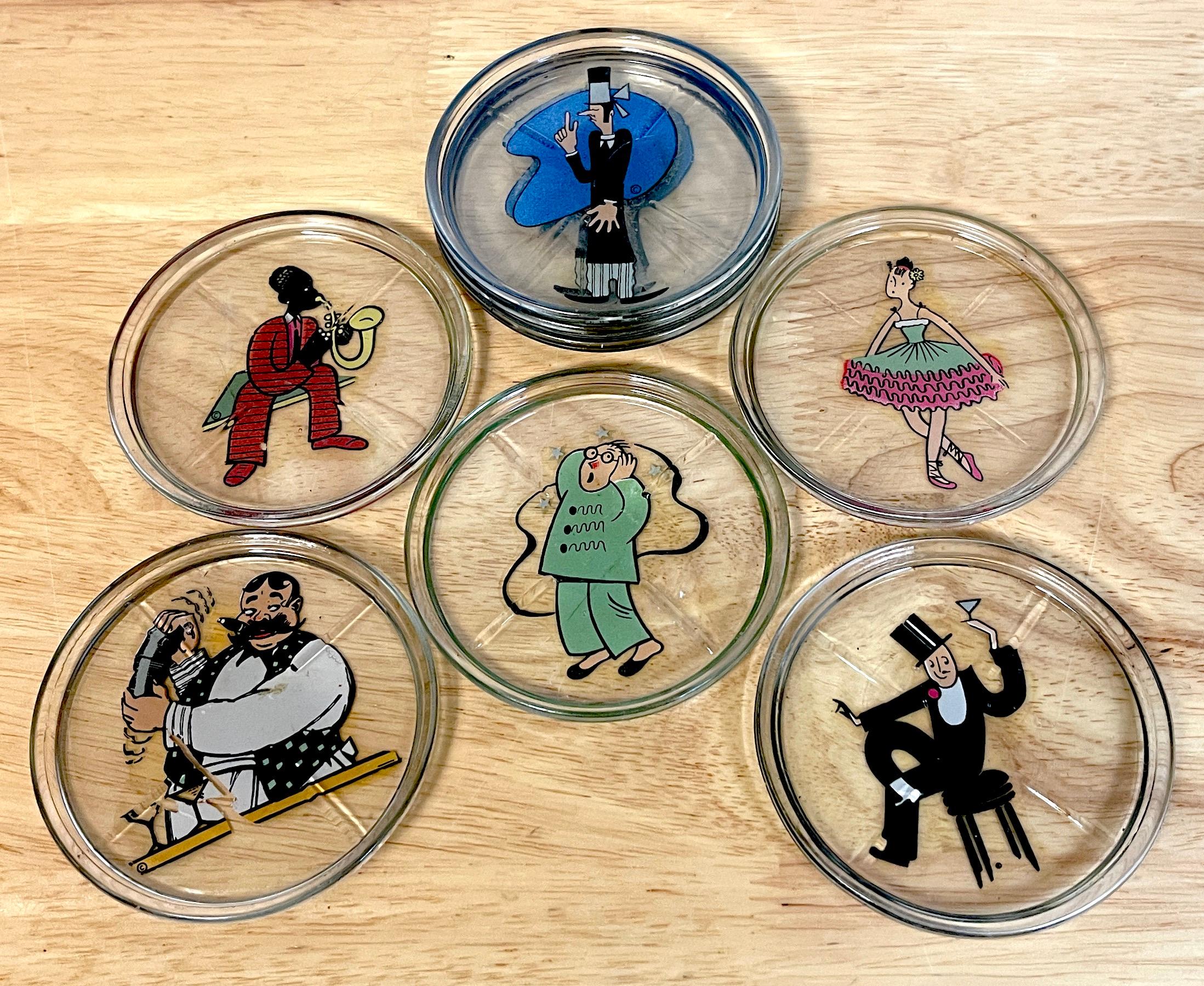 8 Art Deco Whimsical Caricature Glass Coasters 4