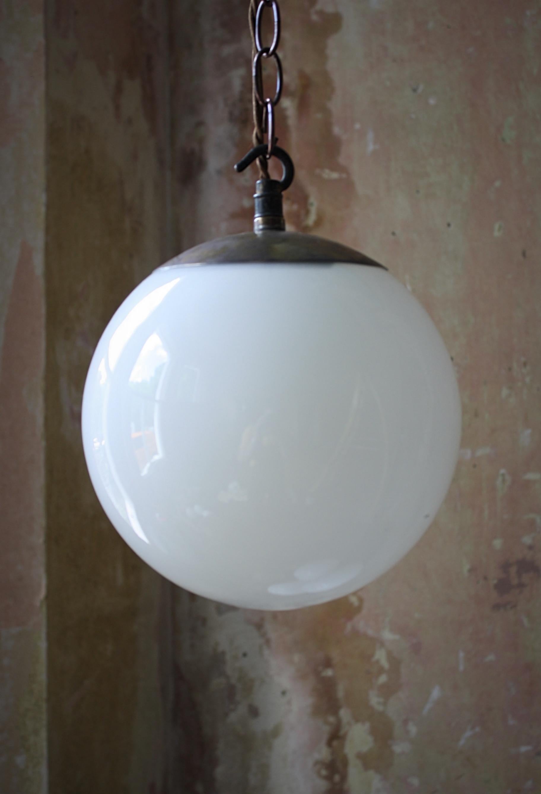 8 Available Mid-20th Century Small Glass Opaline and Brass Globe Pendants Lights 6