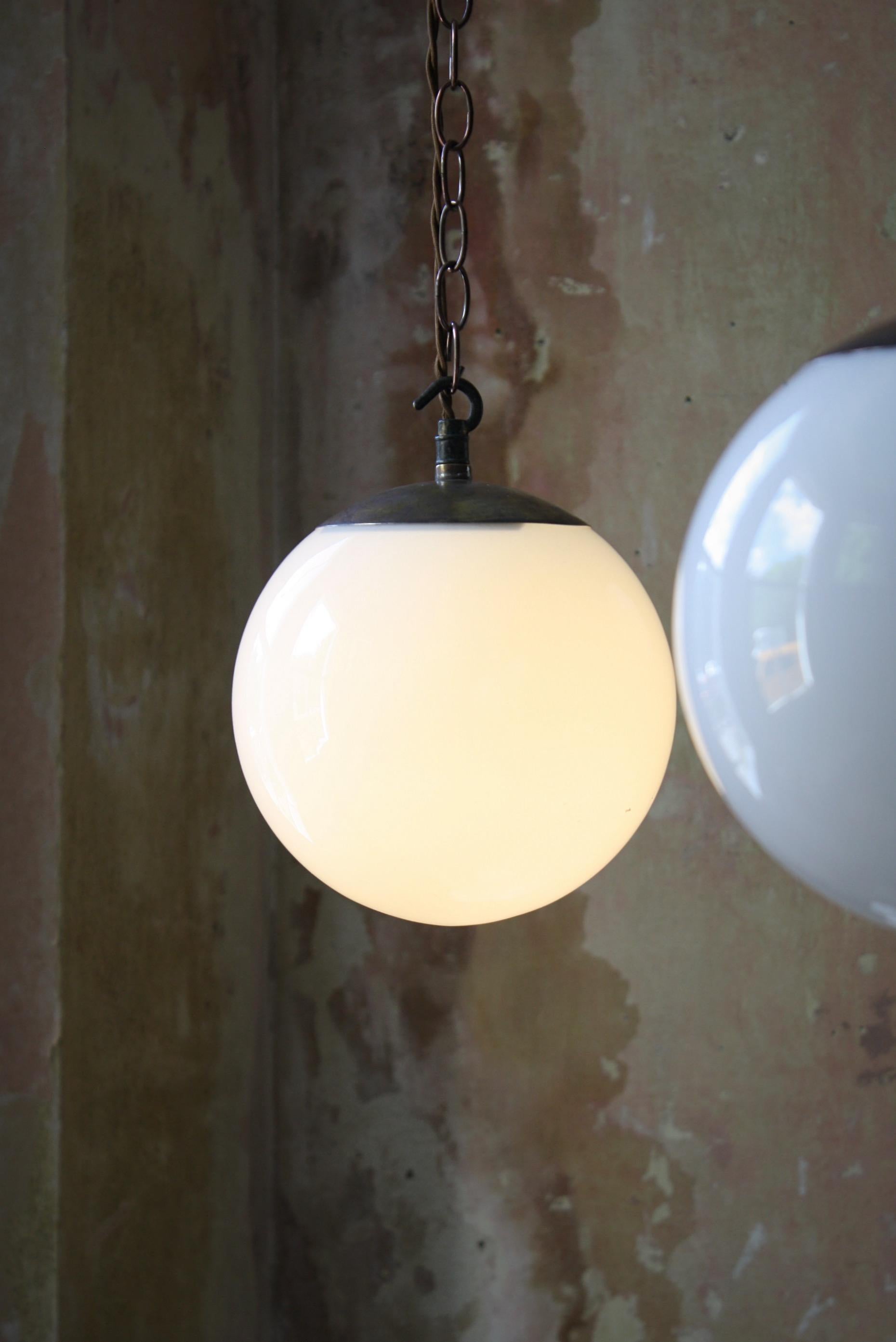 English 8 Available Mid-20th Century Small Glass Opaline and Brass Globe Pendants Lights