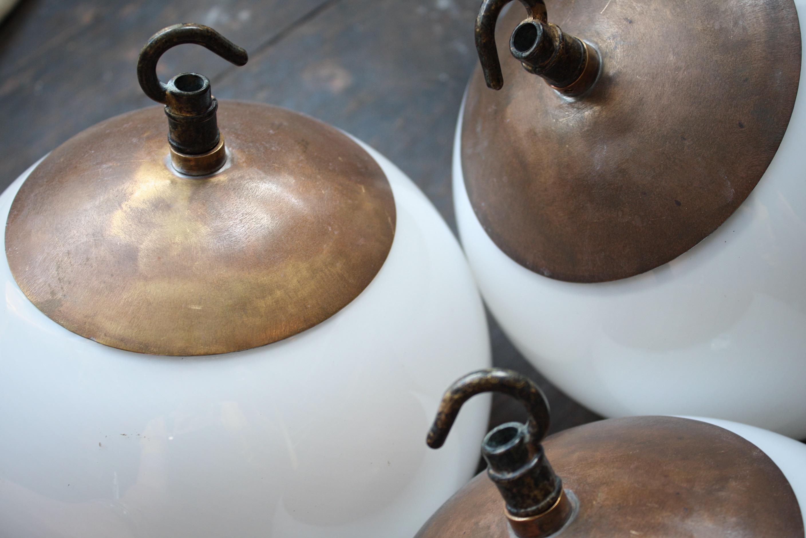 8 Available Mid-20th Century Small Glass Opaline and Brass Globe Pendants Lights 4