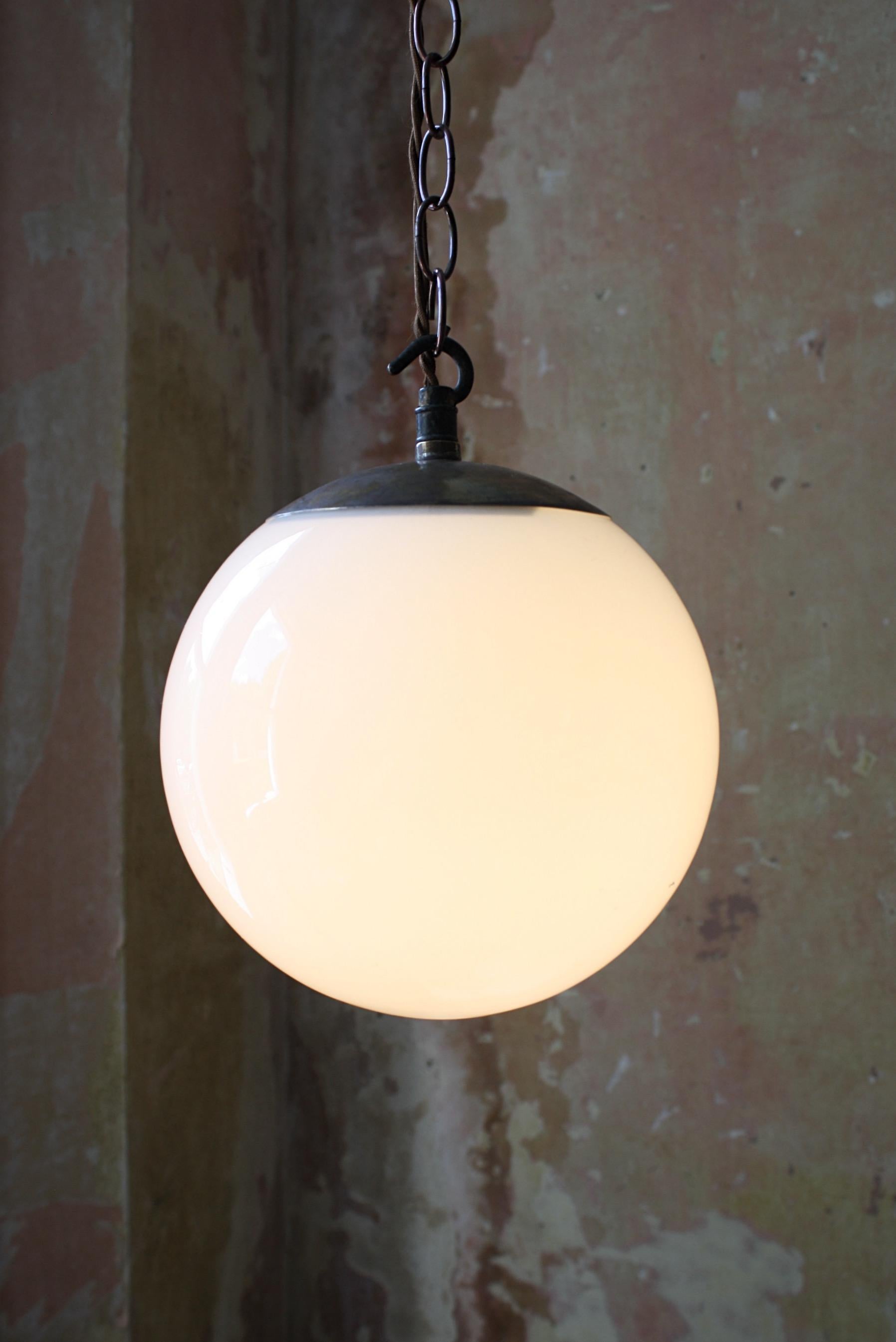8 Available Mid-20th Century Small Glass Opaline and Brass Globe Pendants Lights 5