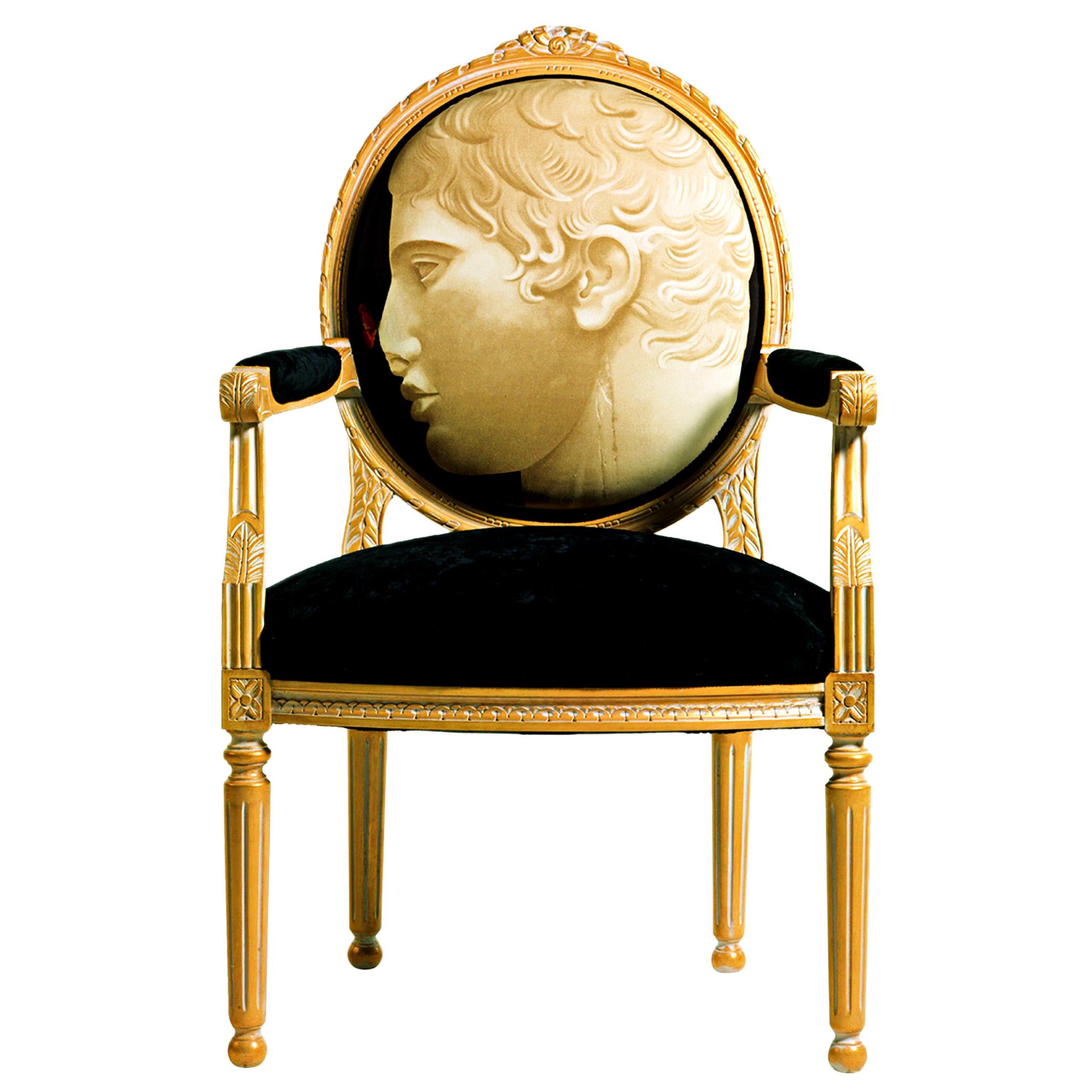 8/B-CANC Gold & White Armchair in Printed Fabric, Paolo Canciani & Zanaboni