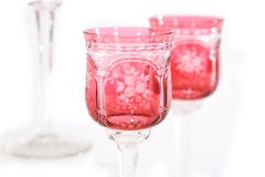 8 Baccarat Vallee Cranberry Overlay Engraved Wine Glasses w/ Rose & Fruit