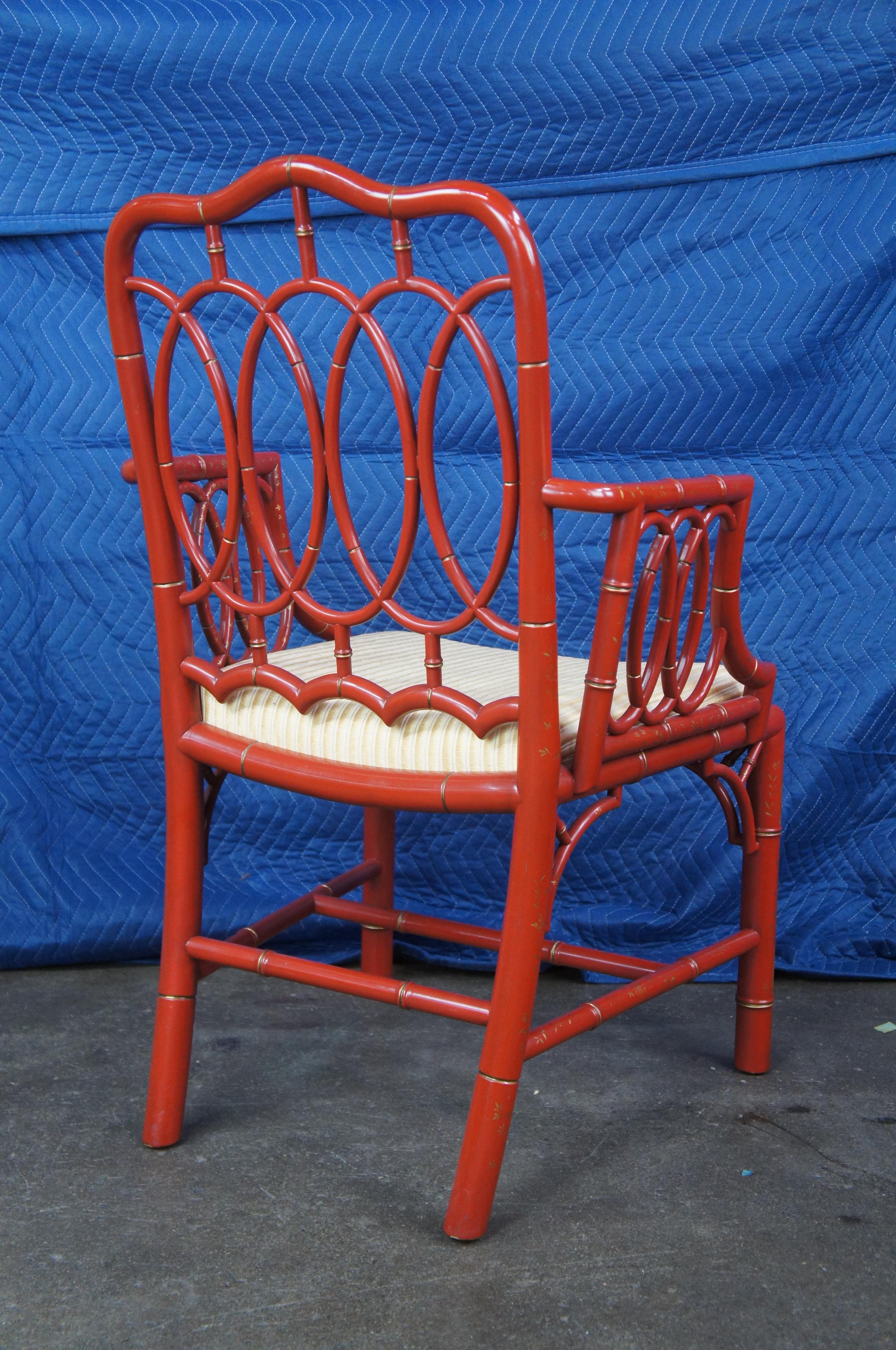 20th Century 8 Baker Furniture Chinese Chippendale Chinoiserie Red Lacquered Dining Arm Chair