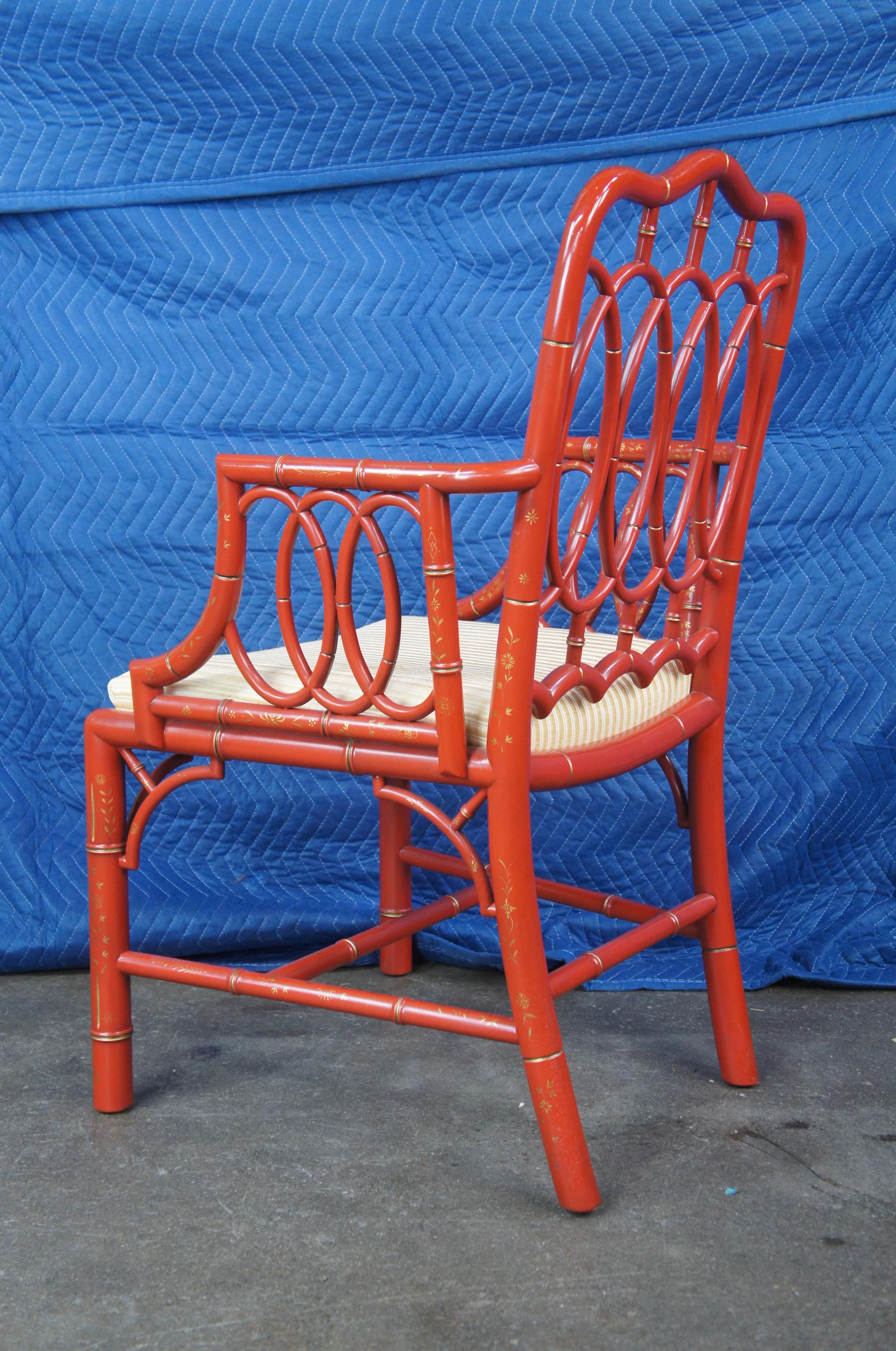 8 Baker Furniture Chinese Chippendale Chinoiserie Red Lacquered Dining Arm Chair 1