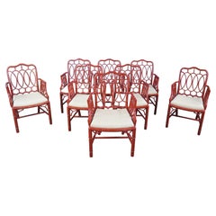 8 Baker Furniture Chinese Chippendale Chinoiserie Red Lacquered Dining Arm Chair