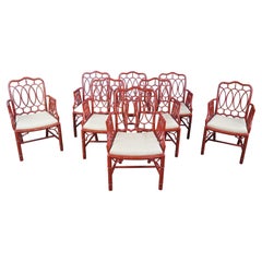 8 fauteuils de salle à manger Baker Furniture de style Chippendale chinois et chinoiserie laqué rouge