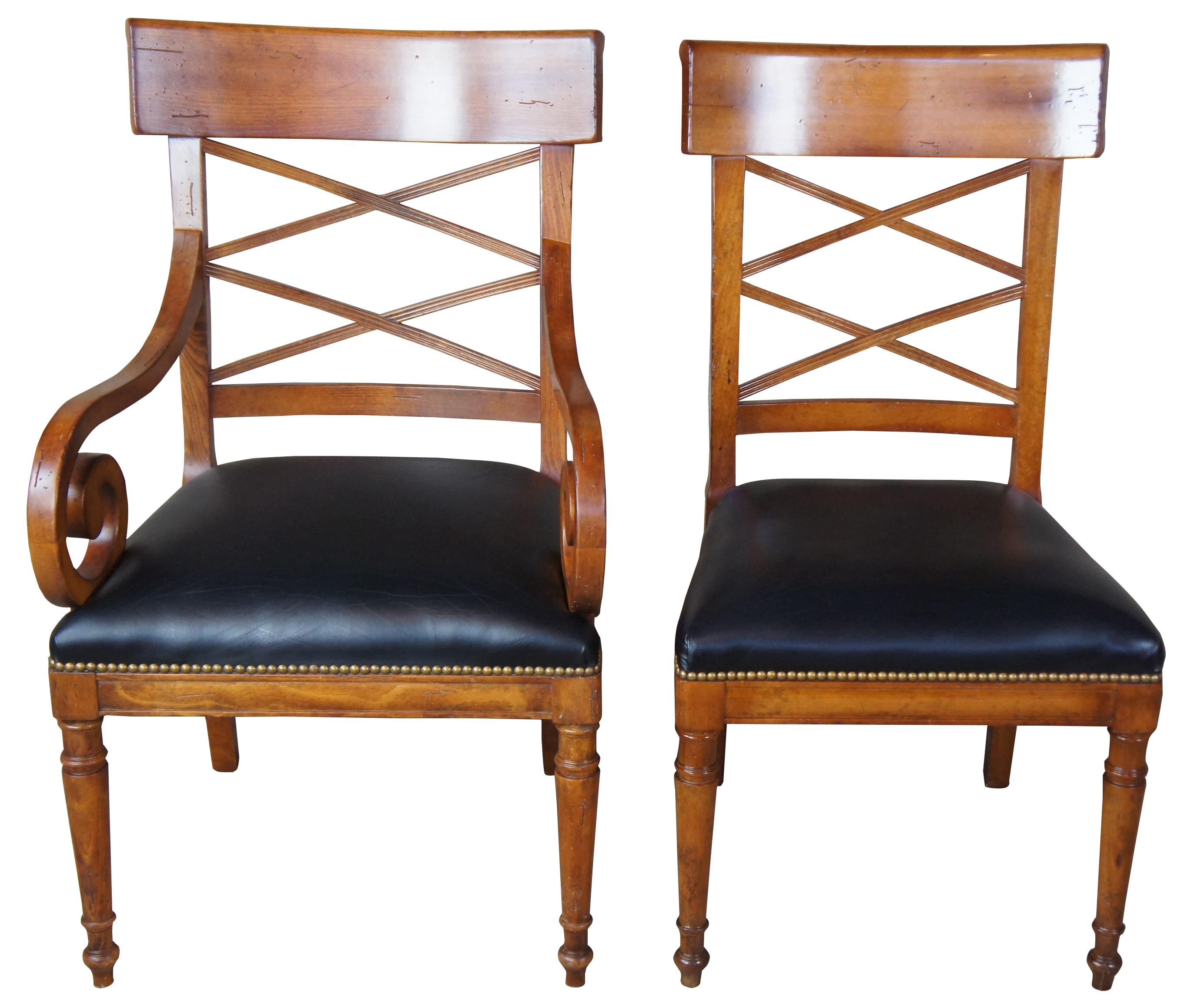 Milling Road for Baker (American, Grand Rapids, 1903-), late 20th century. Set of Neoclassic walnut dining chairs, featuring a curved crest scroll arm rail, an open double X-form fluted lattice back, with molded aprons, tapering tuned legs, and