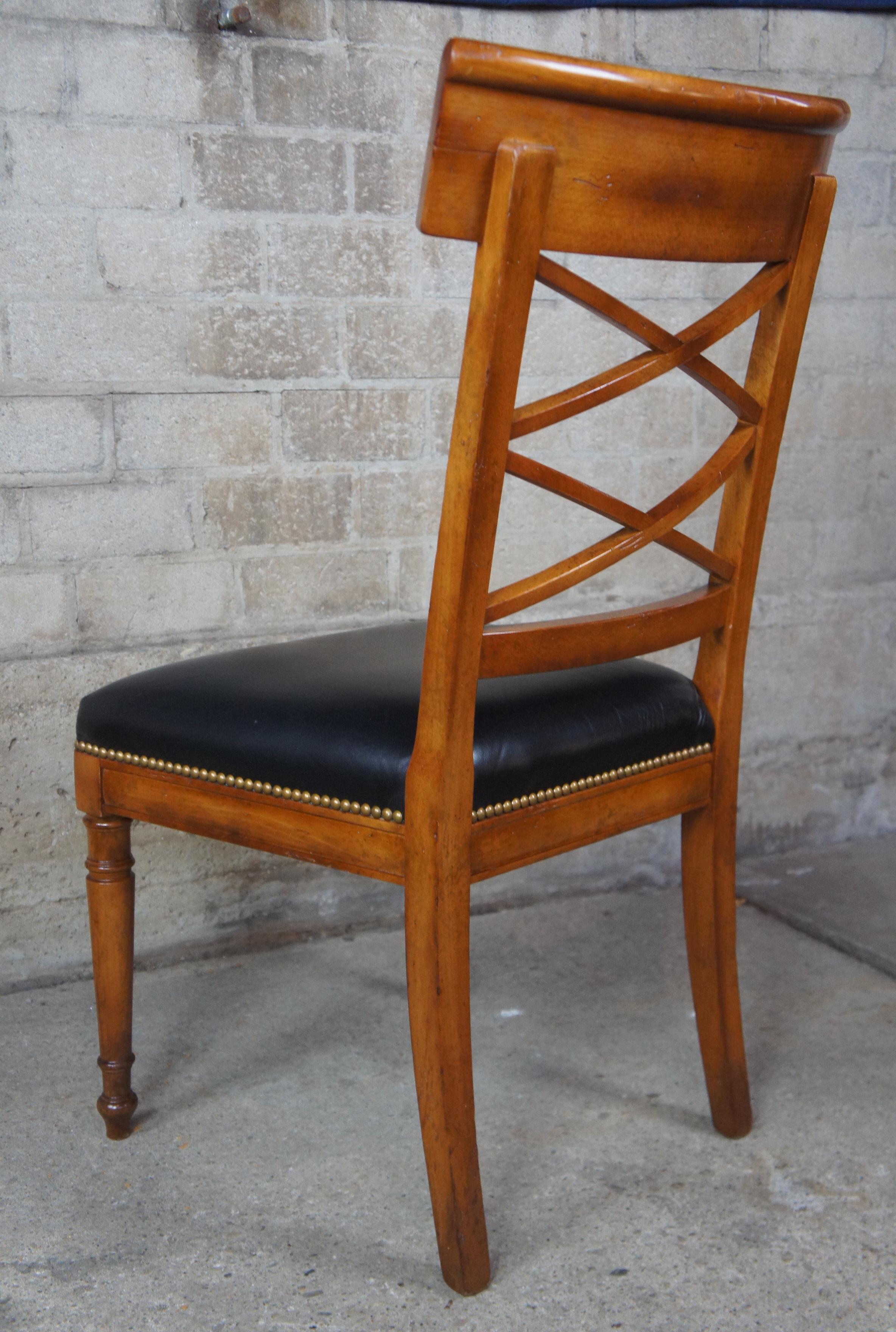 8 Baker Neoclassical Milling Road Walnut Directoire Dining Chairs Leather Scroll In Good Condition In Dayton, OH