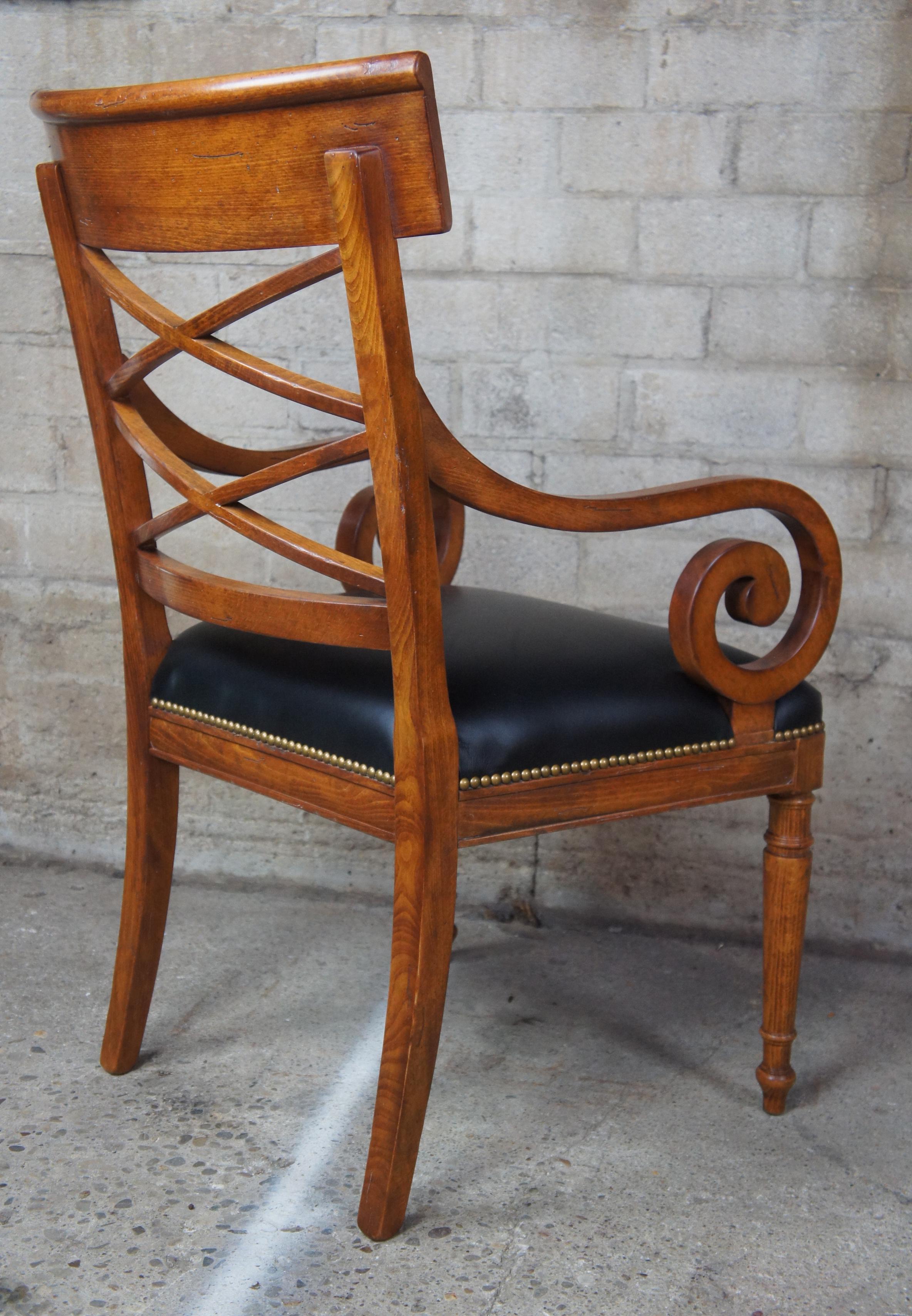 20th Century 8 Baker Neoclassical Milling Road Walnut Directoire Dining Chairs Leather Scroll