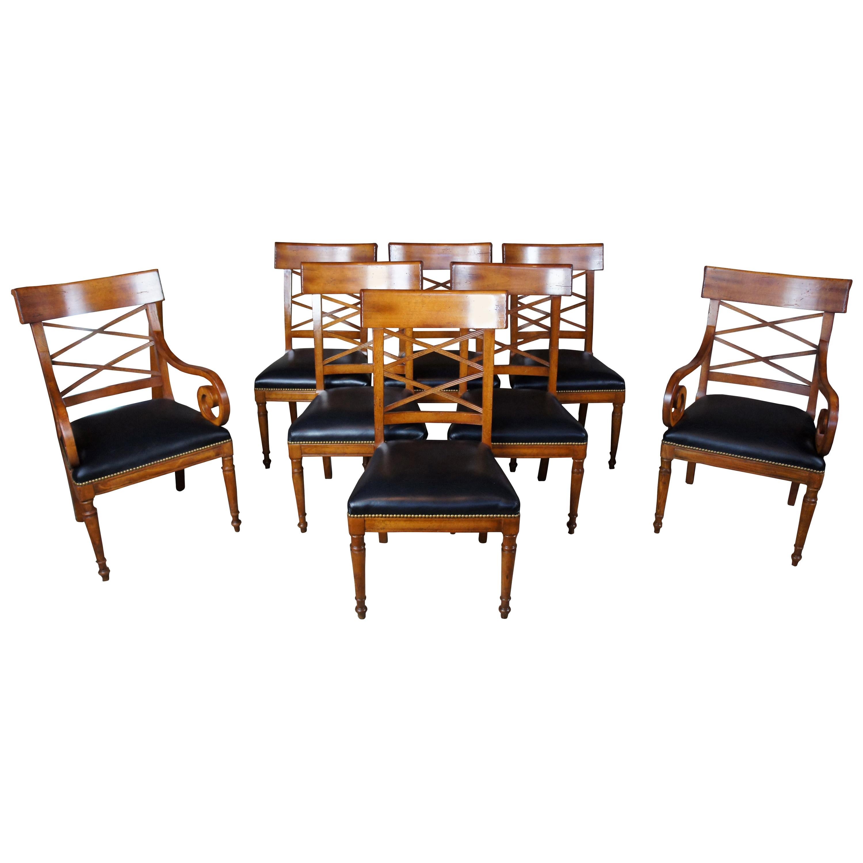 8 Baker Neoclassical Milling Road Walnut Directoire Dining Chairs Leather Scroll